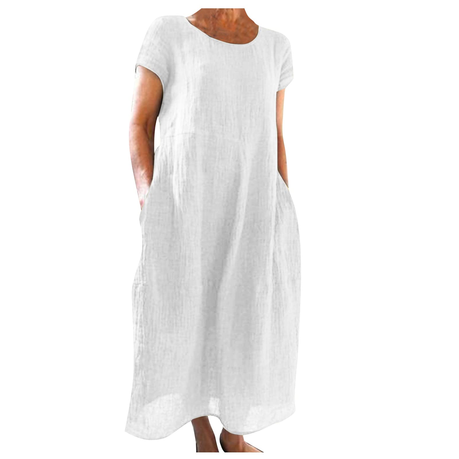 **Women's Cotton Linen Maxi Kaftan Dress 2022 – Short Sleeve Round Neck Loose Fit Dress with Pockets | Casual Summer Beach Wear & Boho Style Outfit**    （如果原标题中的