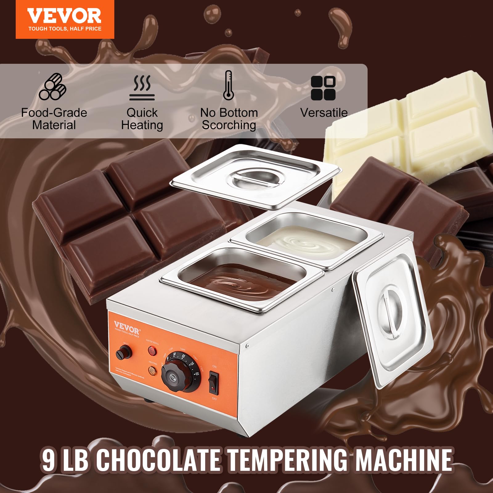 VEVOR Commercial Chocolate Tempering Machine - 9 Lbs Capacity, Dual Tank Electric Chocolate Melter with Precise Temperature Control (86-185°F), 800W Stainless Steel Food Warmer for Melting Chocolate, Milk & Cream - Perfect for Candy Shops, Bakeries & Home Chocolate Making