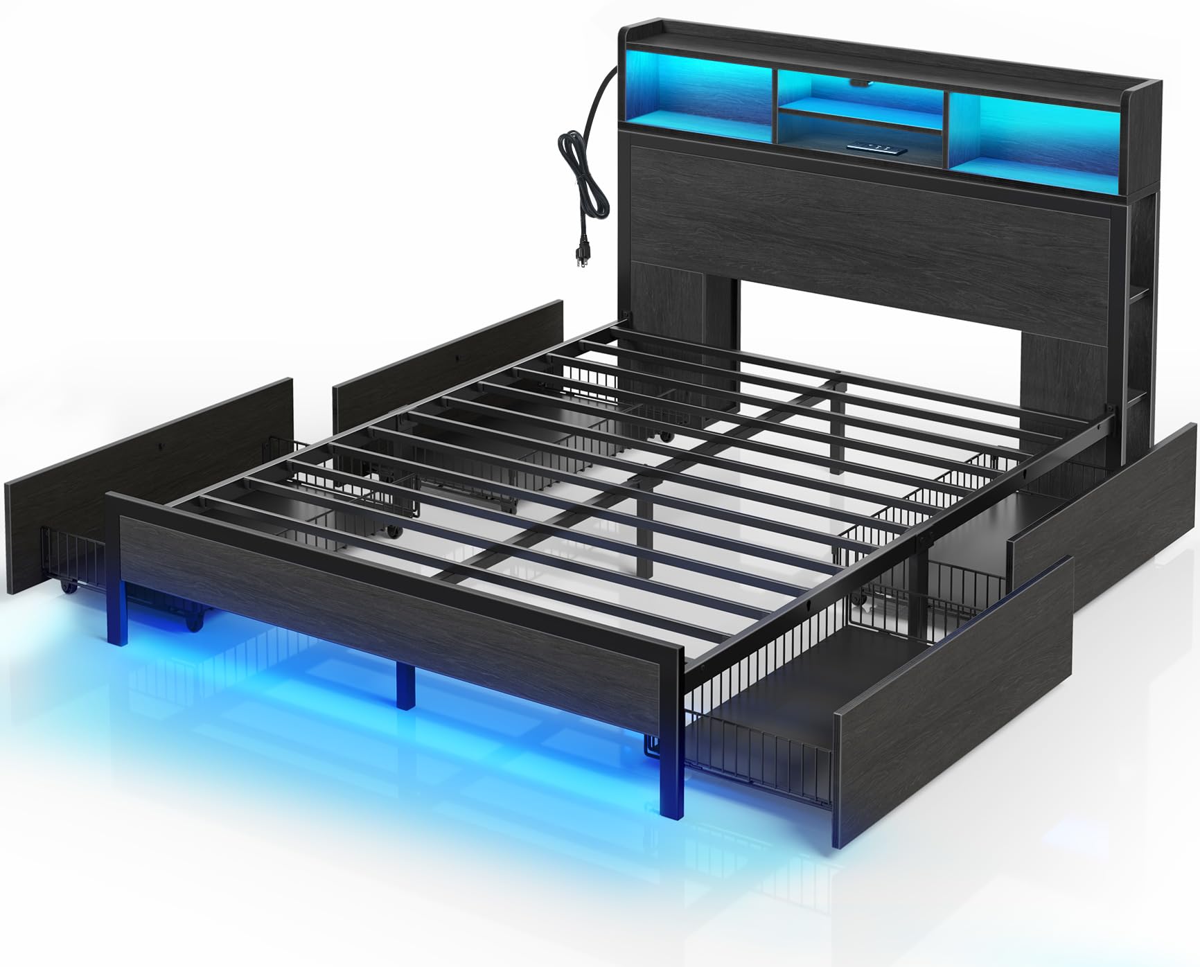 Rolanstar Queen Size Bed Frame with Storage Headboard & LED Lights - Metal Platform Bed with USB Charging Station, 4 Drawers & Bookcase - No Box Spring Needed - Easy Assembly & Noise-Free - Black - Perfect for Small Bedrooms, Dorms & Apartments