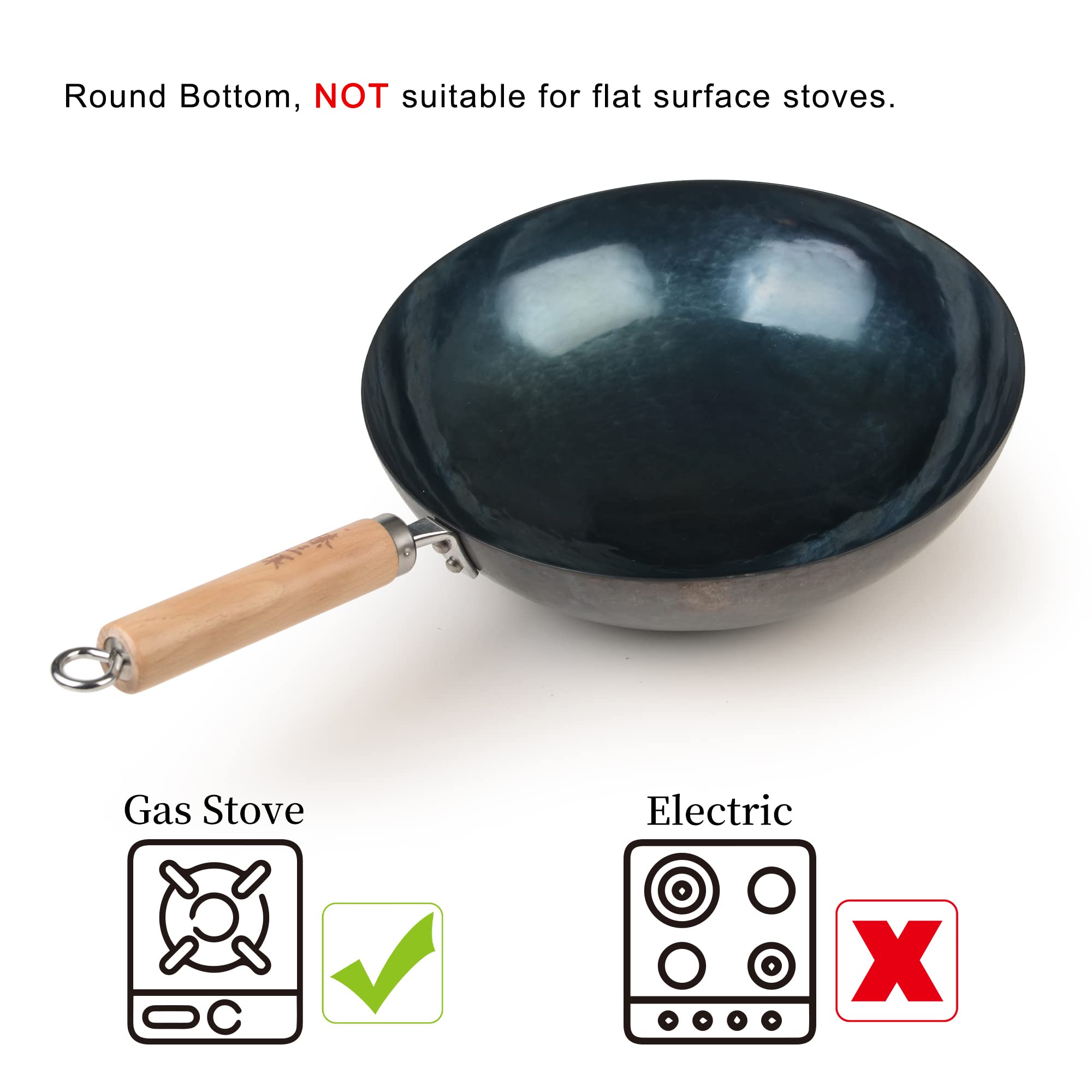ZhenSanHuan Premium Chinese Hand-Hammered Iron Wok Pan - 32cm Seasoned Carbon Steel Stir Fry Pan with Wooden Handle - Perfect for Asian Cooking, Stir Frying, Deep Frying & Home Kitchen Use
