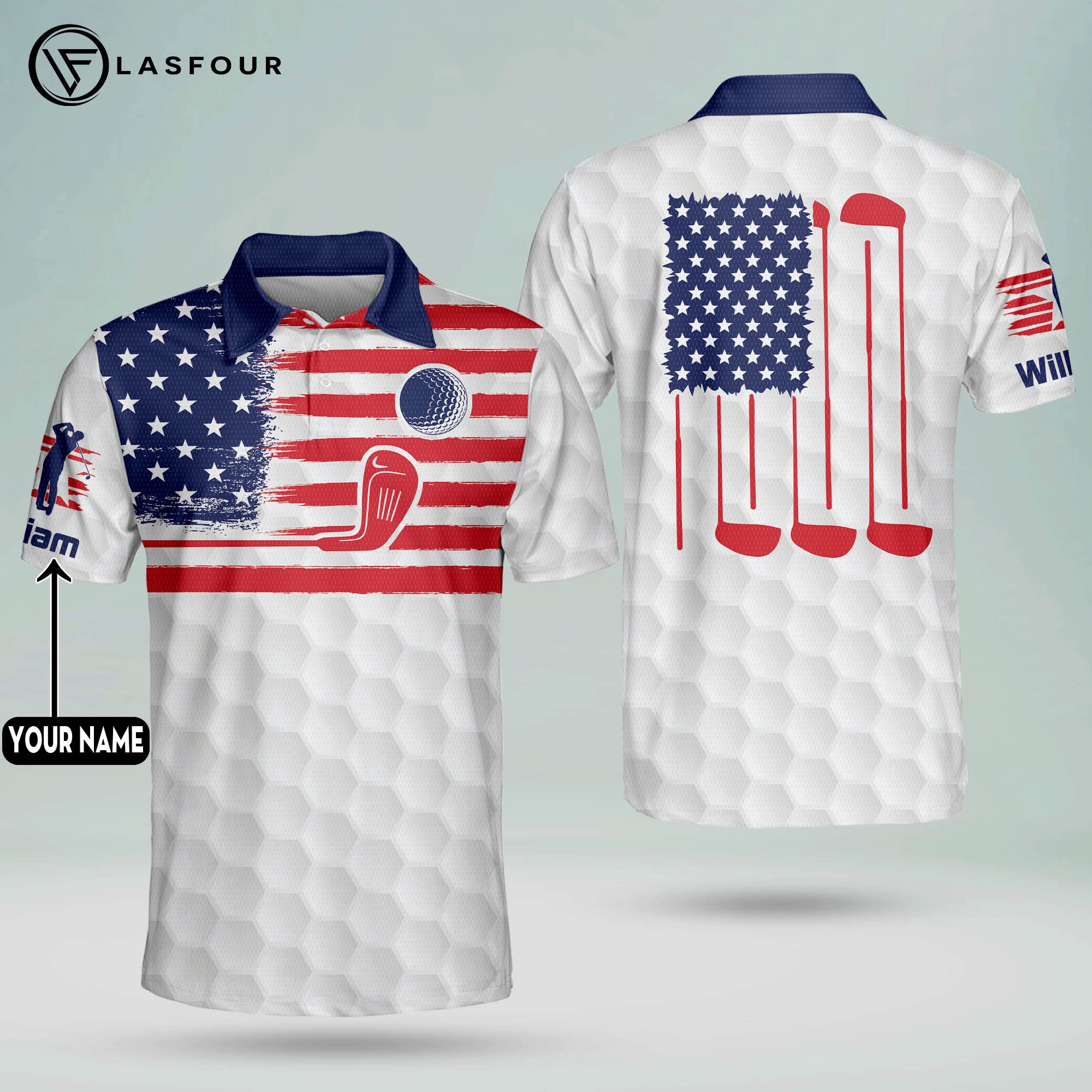 LASFOUR Custom American Flag Golf Polo Shirt for Men - Moisture Wicking Quick Dry Performance Fabric, UV Protection, Breathable Short Sleeve Golf Shirts - Perfect for Golf Tournaments, 4th of July Events & Patriotic Outfits