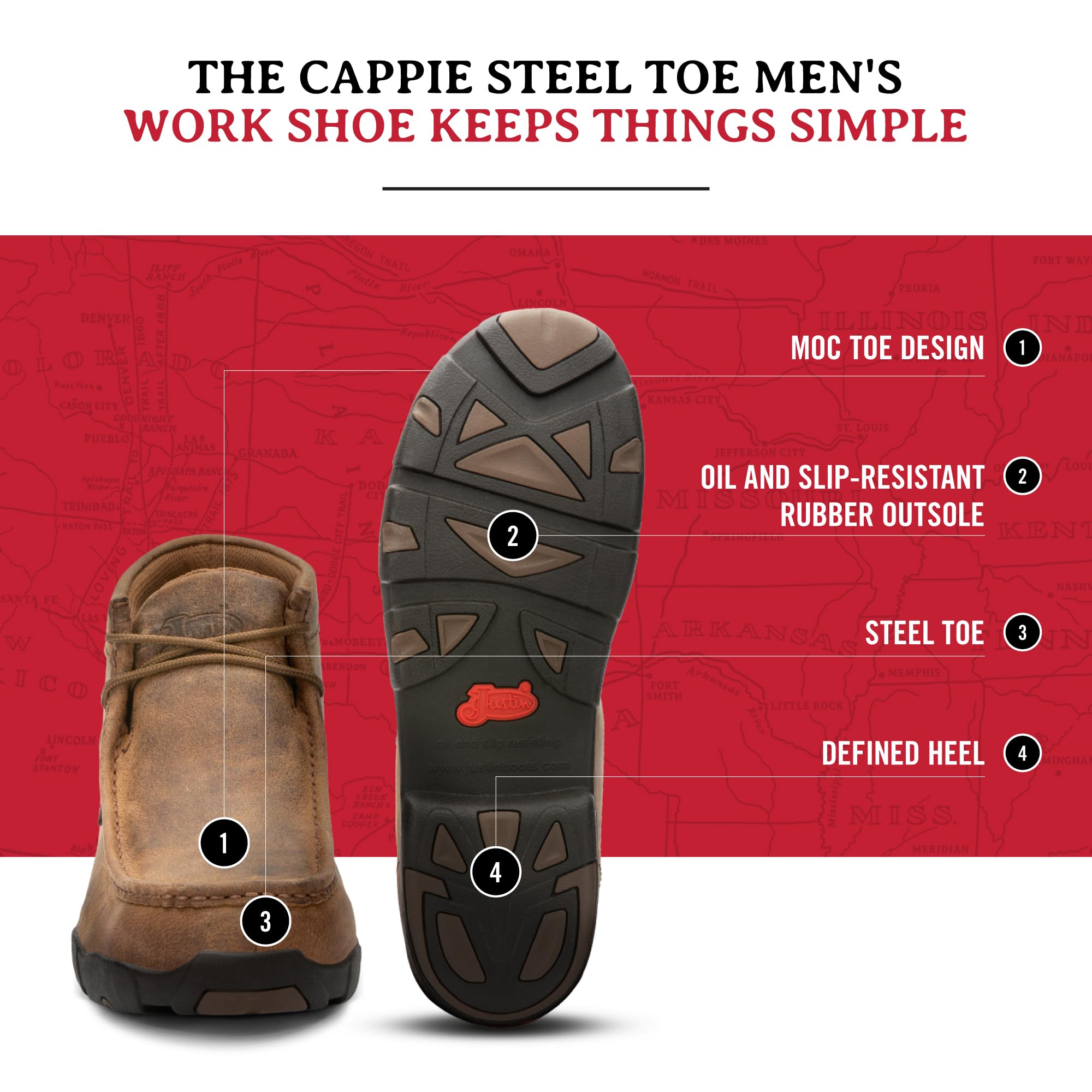 Justin Cappie Men's Steel Toe Work Boots - Premium Full-Grain Leather Moc Toe Chukka Boots with Oil & Slip Resistant Outsole, EH Safety Rated - Ideal for Construction, Warehouse & Industrial Work