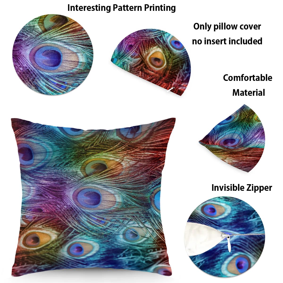 Peacock Feather Pillow Covers 18x18 - Decorative Throw Pillows for Couch, Bed & Car