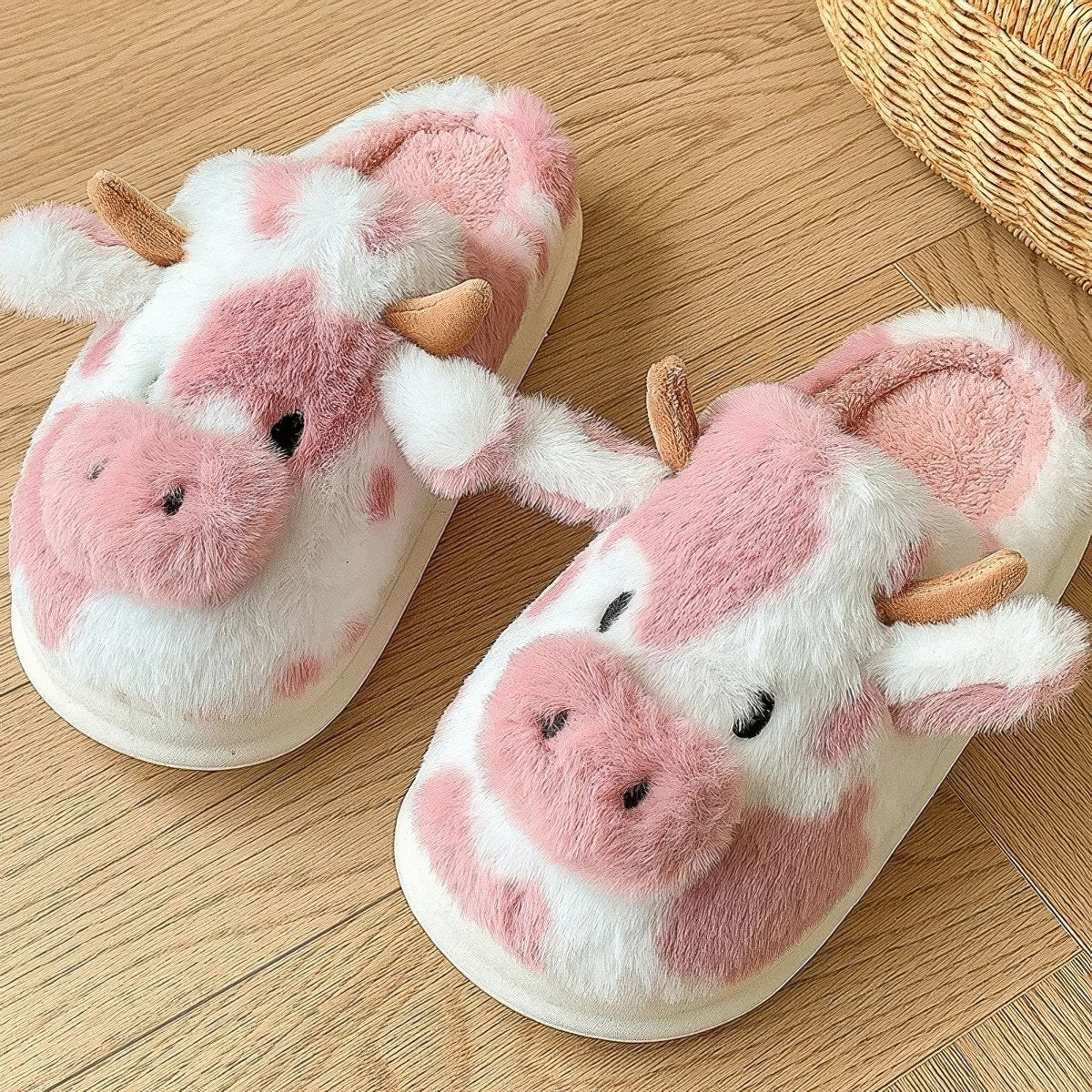 Soft and Cozy Moo Plush Cow Slippers for Women & Men - Non-Slip Indoor House Shoes with Cute Animal Design - Perfect for Relaxing at Home, Gift Giving, and Winter Comfort