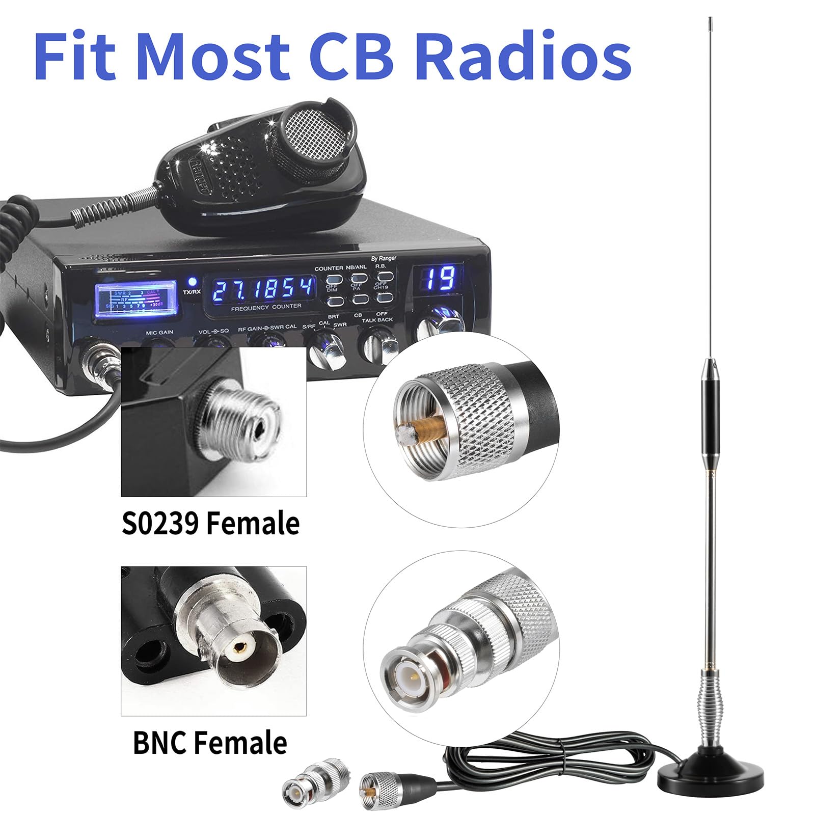 27MHz Heavy Duty Magnetic Mount CB Radio Base Station Antenna Kit - Compatible with Cobra, Midland, Uniden, Maxon, President & Anytone Car/Truck CB Radios - Strong Signal for Long Range Communication - Perfect for Off-Roading, Trucking & Emergency Preparedness