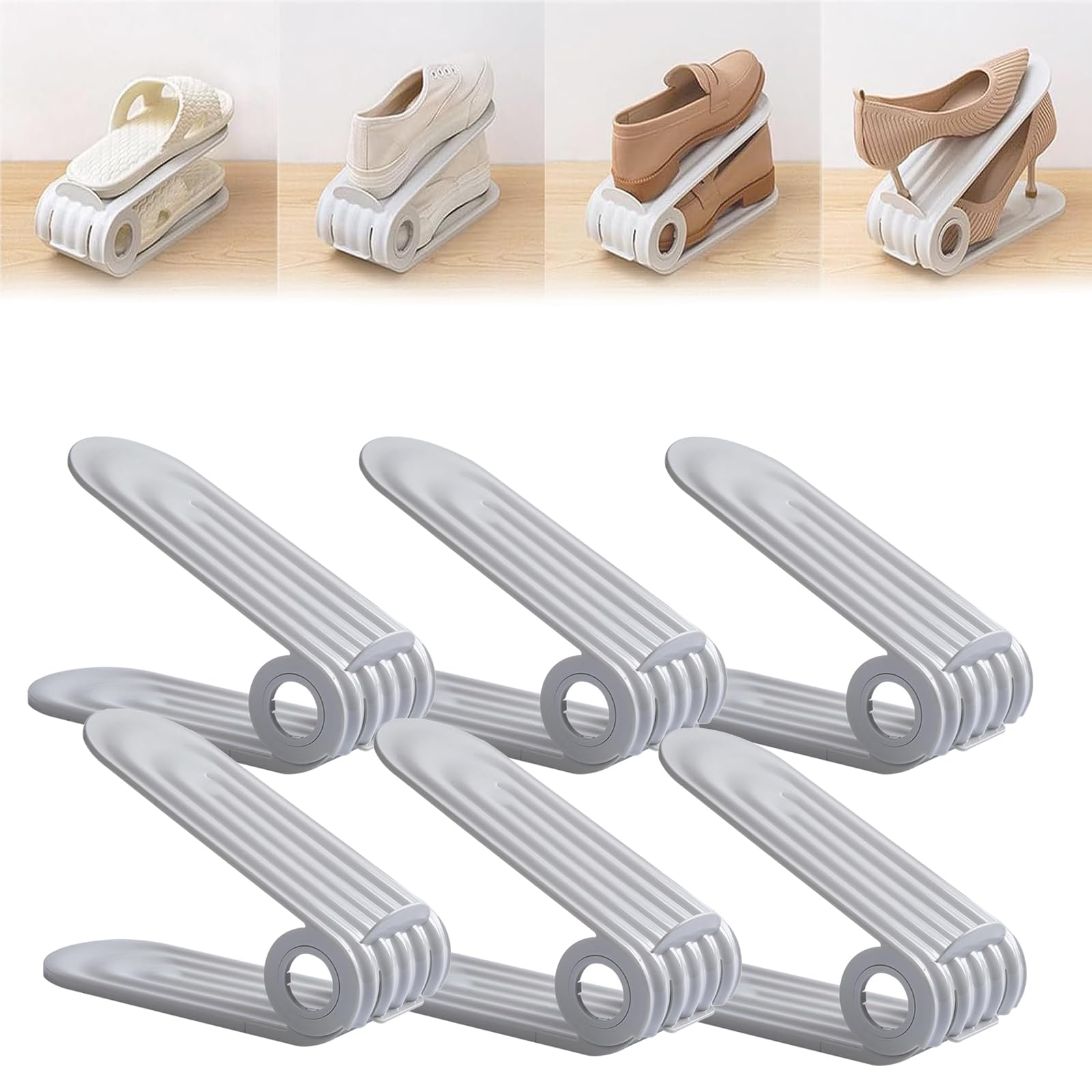 Space-Saving Adjustable Shoe Storage Rack Organizer - Double Deck Shoe Stacker with 6 Slots (Grey, 6Pcs) - Maximize Closet & Entryway Organization for Sneakers, Heels & Boots