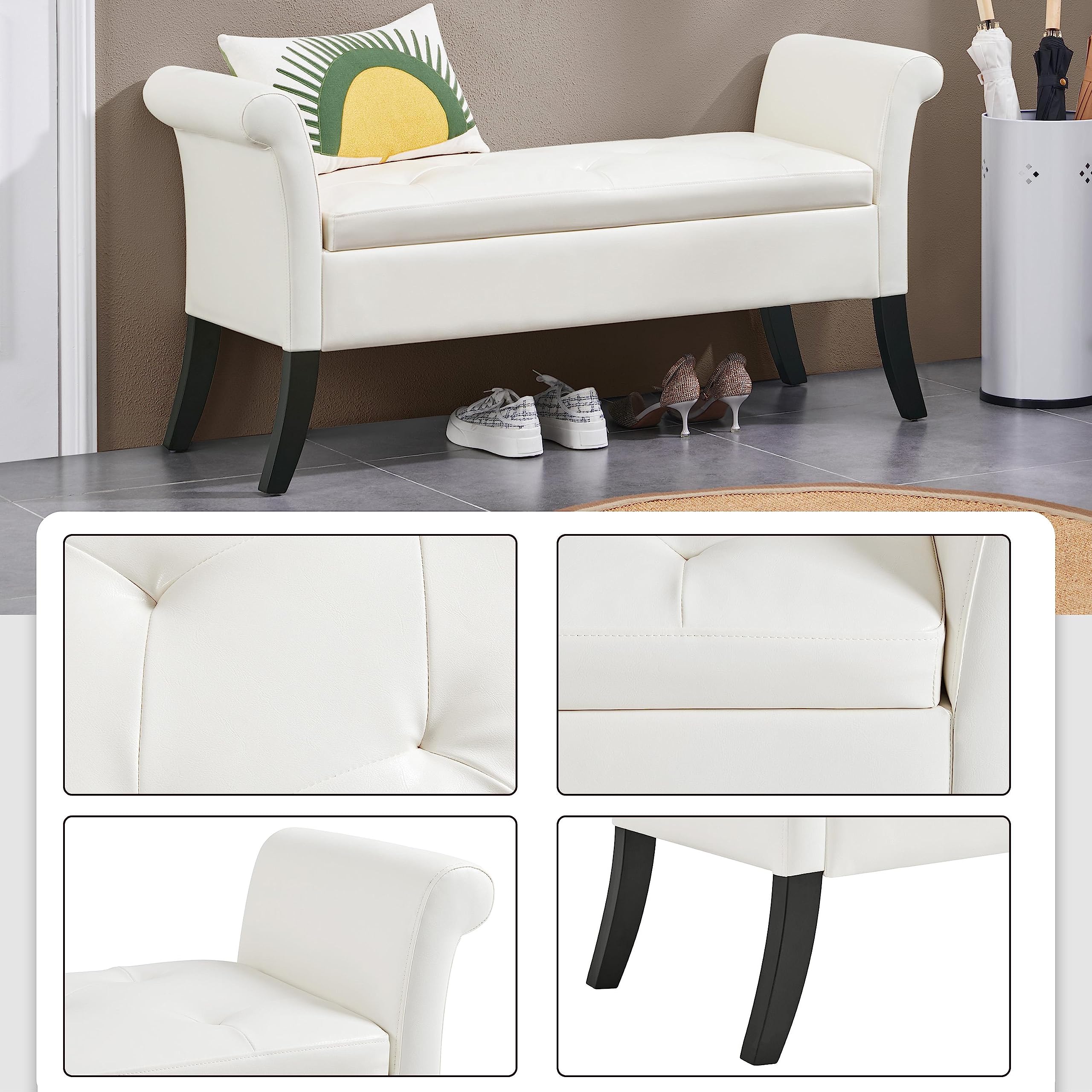 Topeakmart Modern Storage Bench with Rolled Arms - Entryway Shoe Organizer, Hallway Footrest Ottoman with Lid - Faux Leather Upholstered Bench Seat for Living Room, Bedroom, Entryway - White