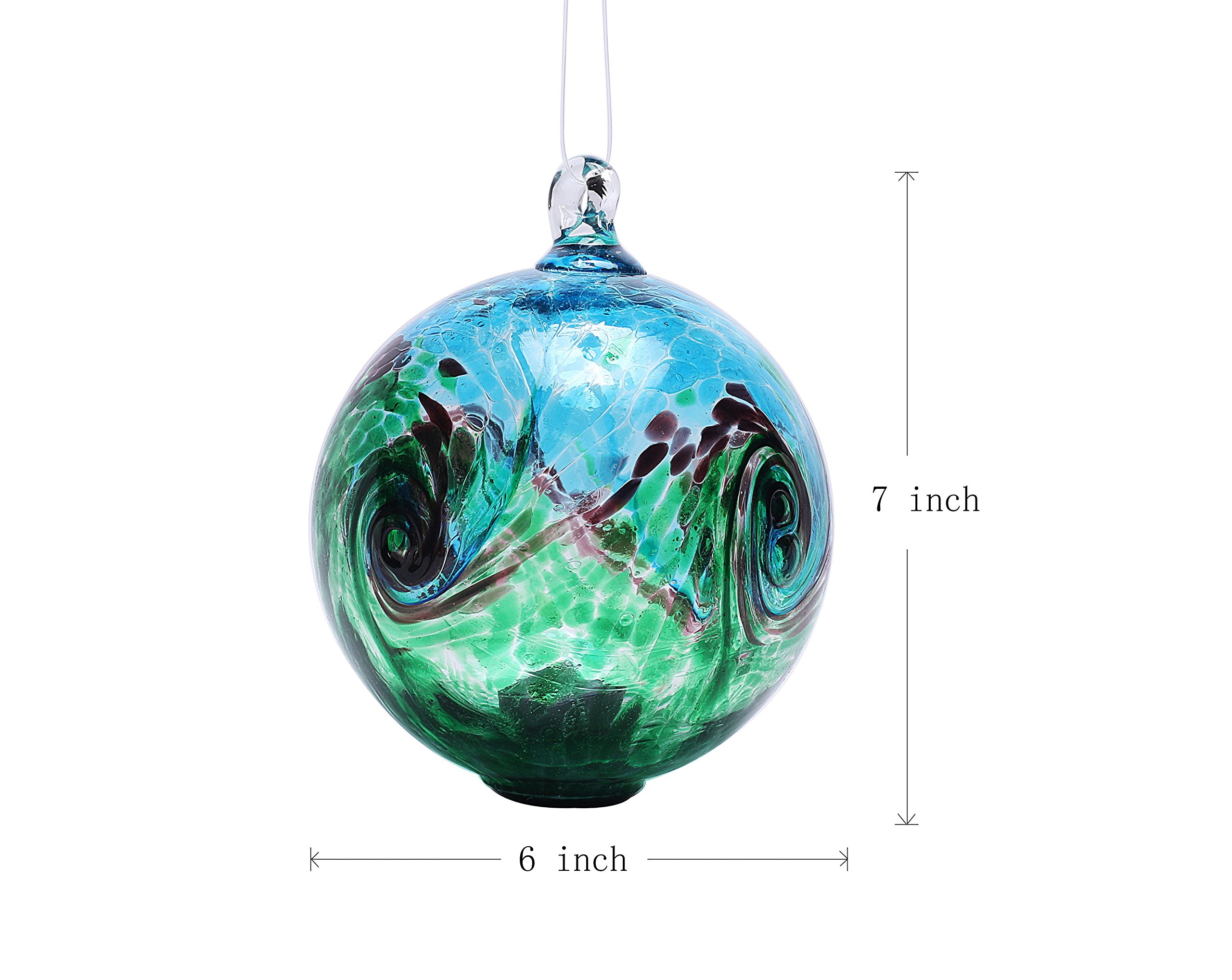 6-Inch Solar Hanging Glass Gazing Ball for Outdoor Garden Decor - Aqua Green Swirl Design, Solar-Powered Light for Patio, Yard, and Landscape Decoration at Night