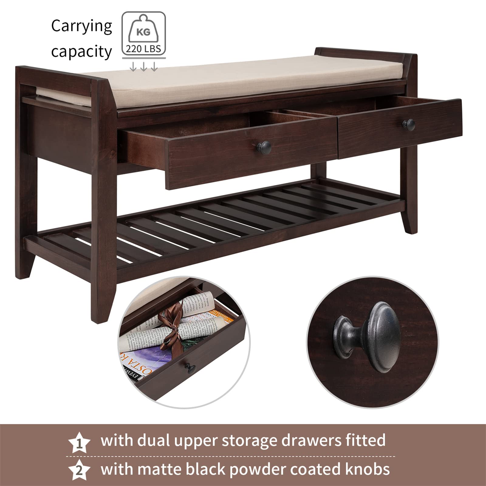 Wooden Shoe Storage Bench with Cushioned Seat & 2 Drawers - Multipurpose Entryway Organizer for Shoes, Living Room, Hallway & Bedroom - Espresso Finish for Home Decor & Practical Storage Solutions
