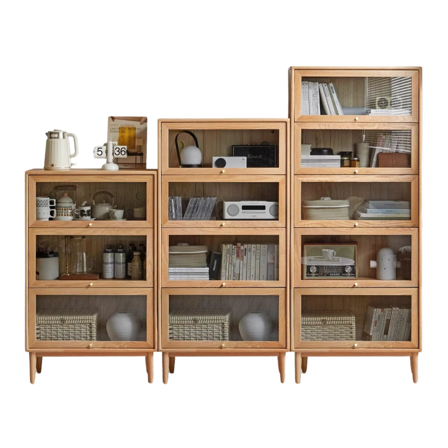 88.6x12.6x70.9 inch / 225x32x180 сm / Natural Wood Color / Glass door bookcase large + medium + small