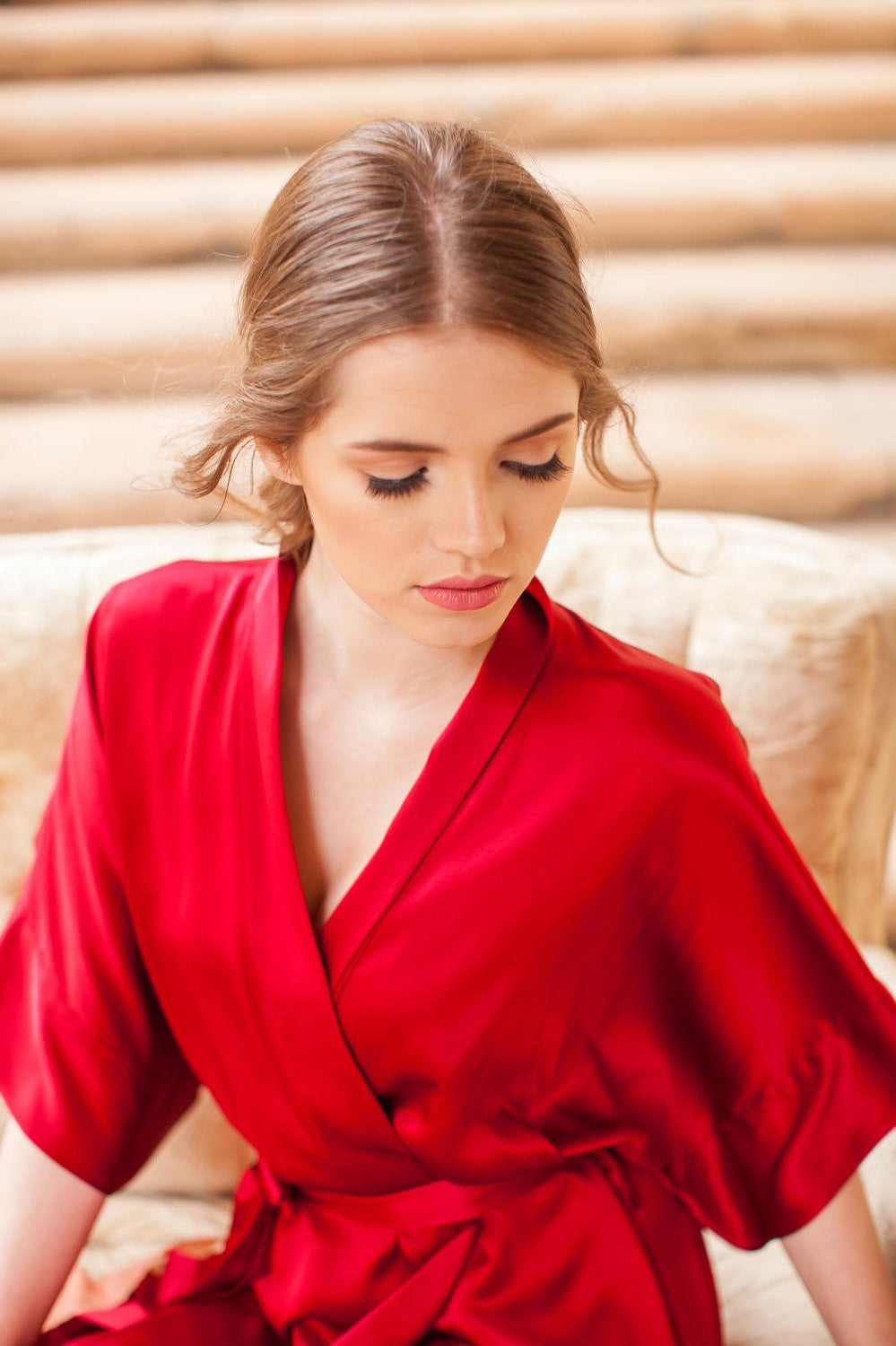 Samantha Silk Kimono Bridal Robe - Elegant Bridesmaid Robes in Garnet Red, Ivory or Black | Perfect for Wedding Morning Prep, Bachelorette Party & Photo Shoots