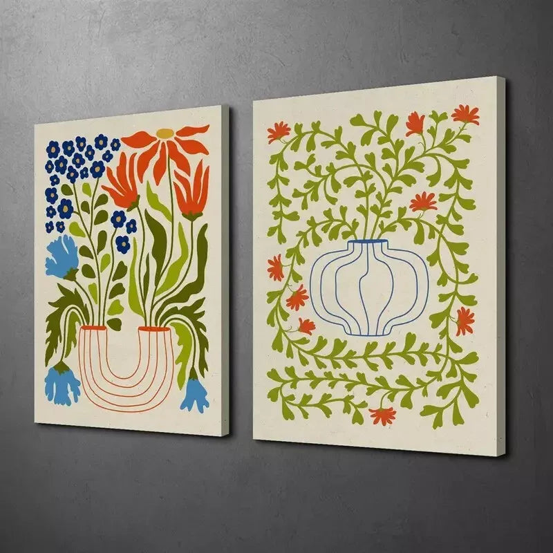 2-Pack Retro Abstract Canvas Wall Art - 50x75cm Framed Decorative Painting with Potted Plants Design | High Quality Print | Ready to Hang | Perfect for Living Room, Bedroom & Office Decor