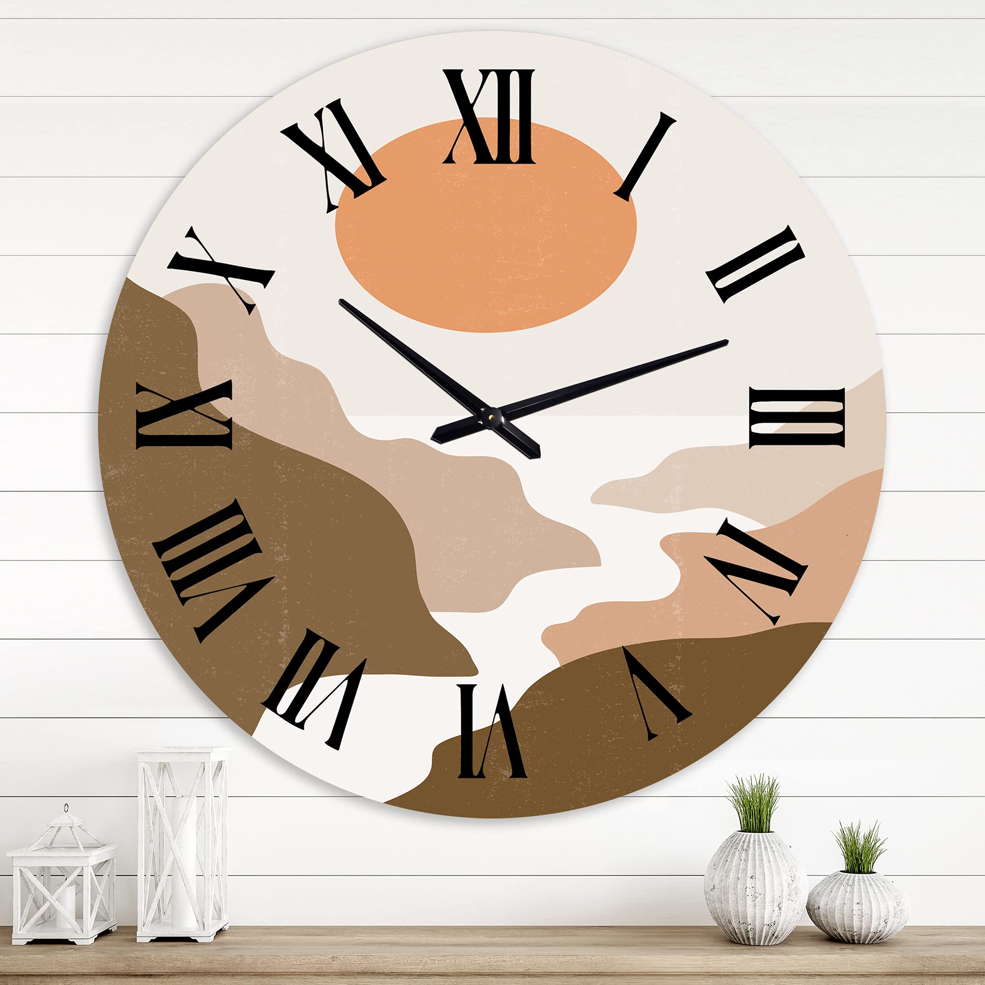 DesignQ Modern Abstract Fractal Wall Clock - 'Landscape with Full Moon' in Terracotta Tones, Large Decorative Clock for Living Room, Bedroom & Office | Perfect for Home Decor & Gift Giving
