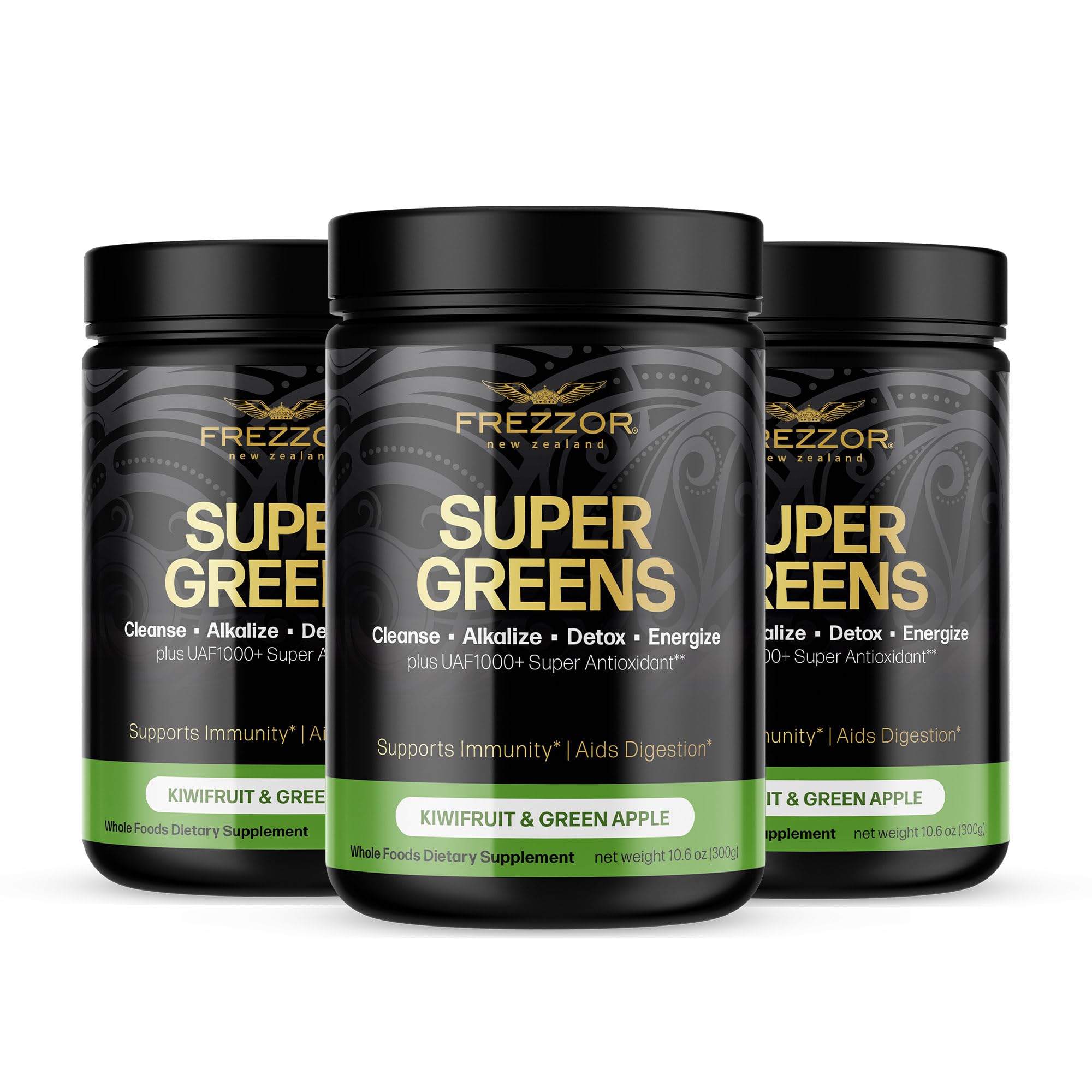 FREZZOR Super Greens Powder with UAF1000+ | All-Natural New Zealand Green Fruit & Vegetable Supplement | High ORAC Antioxidants, Enzymes | Energy Boost, Detox & Cleanse | 900g (90 Servings, 3 Jars) | Perfect for Smoothies, Juices & Daily Wellness Routine