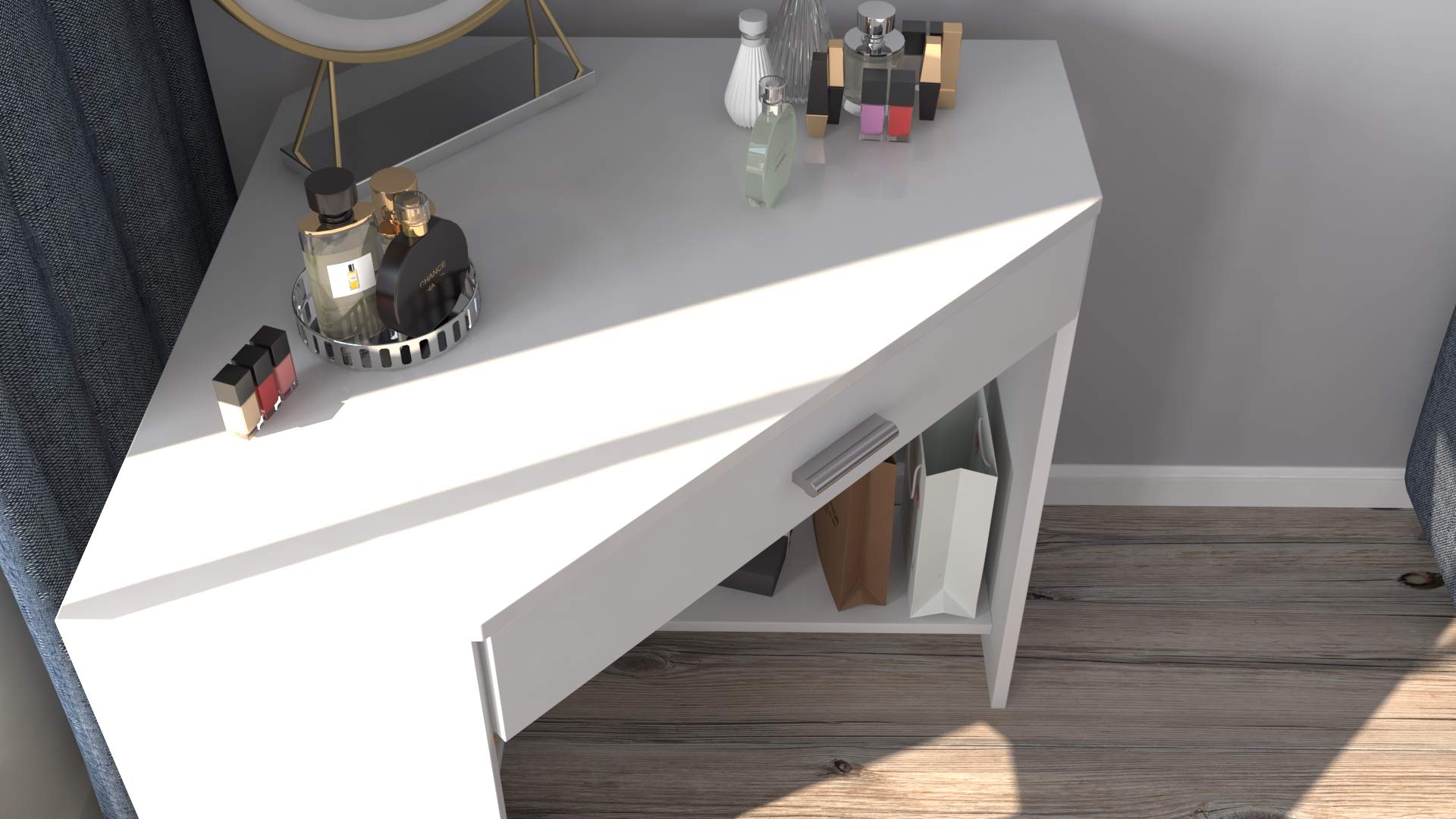 Stylish White Gloss Modern Corner Vanity with Mirror - Perfect for Small Bathrooms & Bedroom Makeup Stations