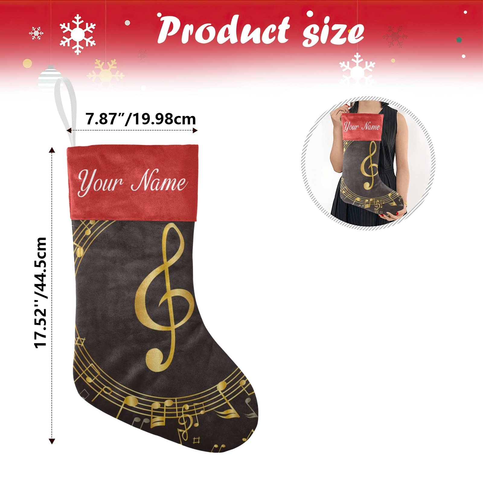 Custom Golden Music Note Christmas Stockings - Personalized Name Holiday Socks for Family Party Decor (17.52 x 7.87 Inch) - Perfect for Fireplace Mantel, Gift Exchange & Festive Home Decor