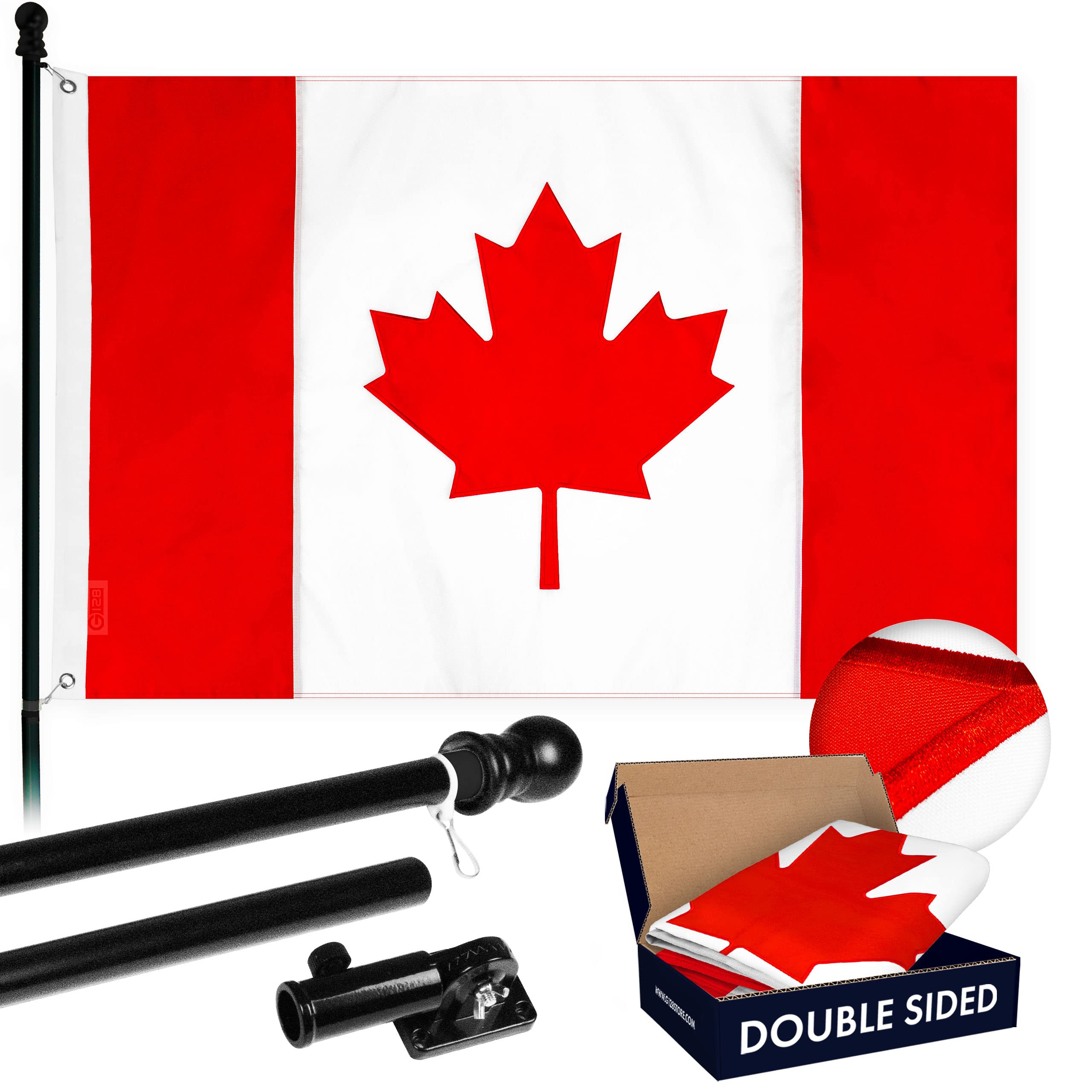 5 Feet Spinning Flagpole with 2x3 ft Double Sided Embroidered Canada Flag - Heavy Duty Aluminum Pole with Brass Grommets (Black) - Perfect for Outdoor, Garden, and Patriotic Displays