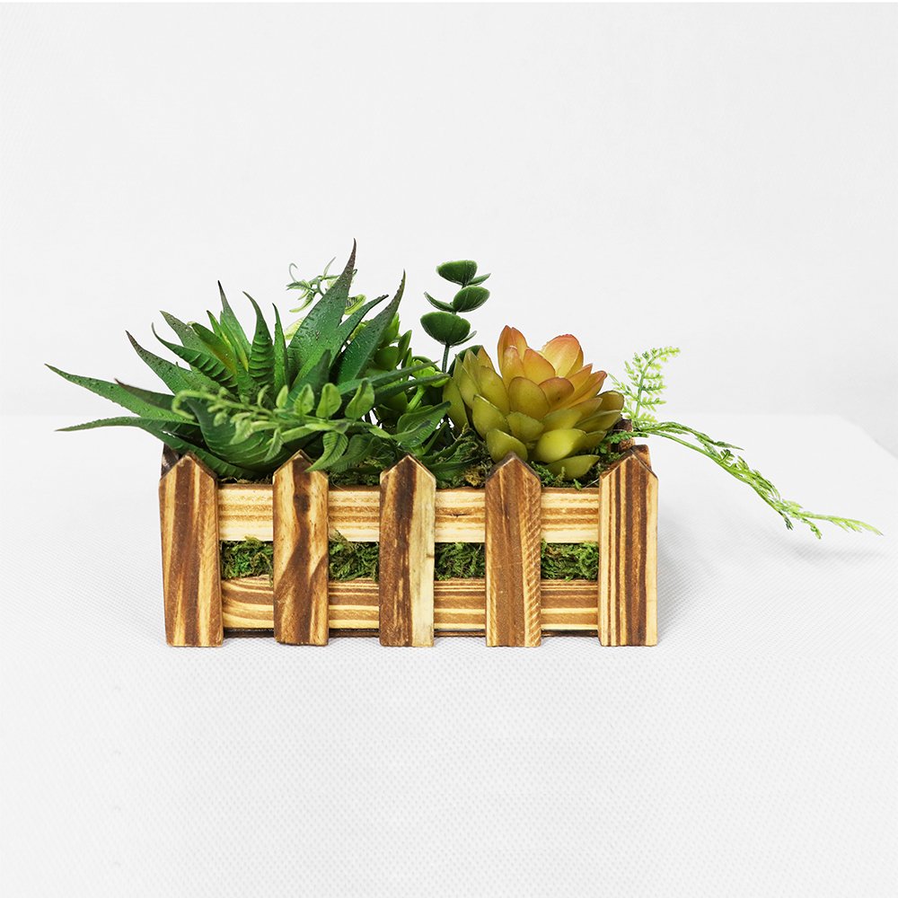 Puleo International 299-TB813 Artificial Succulents in Wood Planter - Realistic Fake Potted Plants for Home Office Decor, Table Centerpiece, Wedding & Party Decoration - Green