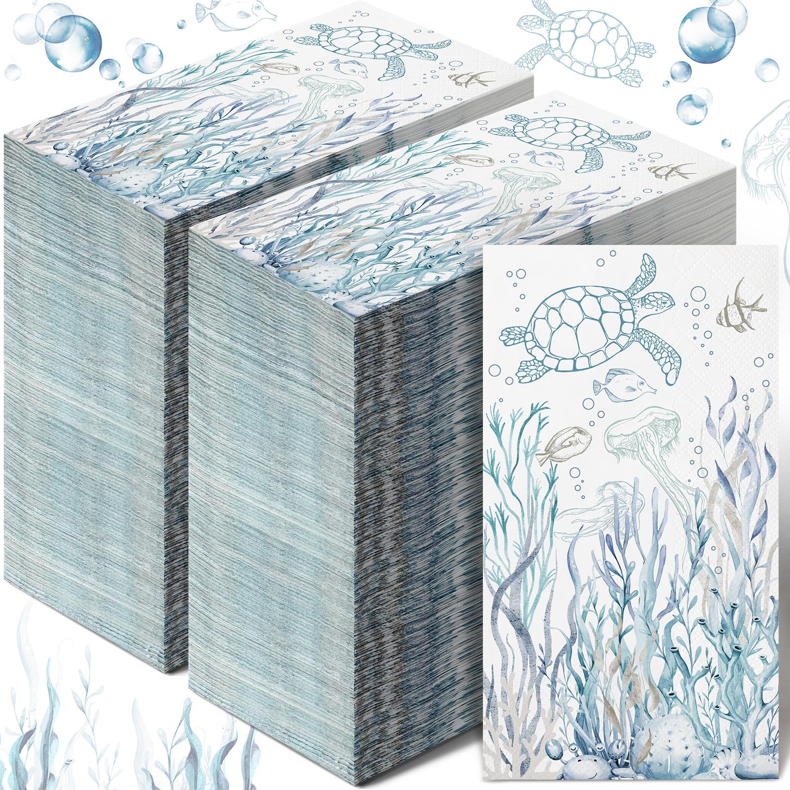 200 Pcs Coastal Turtle Bathroom Paper Guest Towels - 2 Ply Summer Guest Napkins, Blue Bathroom Paper Hand Towels, Jellyfish Dinner Napkins, Nautical Theme for Wedding, Baby Shower, Holiday Party - Perfect for Beach Themed Events, Coastal Home Decor & Ocean Inspired Gatherings