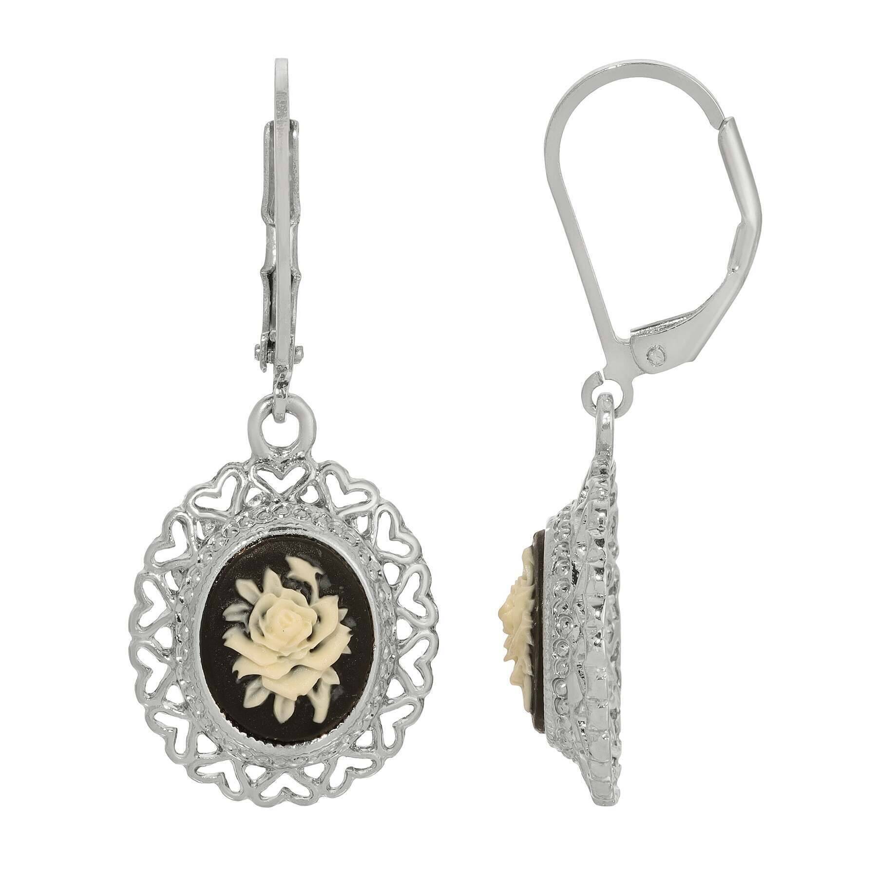 1928 Jewelry Black & Ivory Flower Cameo Heart Drop Earrings - Vintage Inspired Dangle Earrings for Women - Perfect for Weddings, Parties & Special Occasions