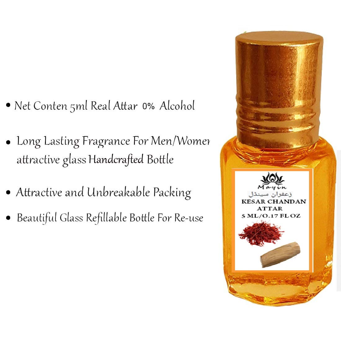 Premium Kesar Chandan Attar Perfume Oil - 5ml Luxury Saffron Sandalwood Fragrance for Men & Women - Perfect for Meditation, Aromatherapy & Special Occasions