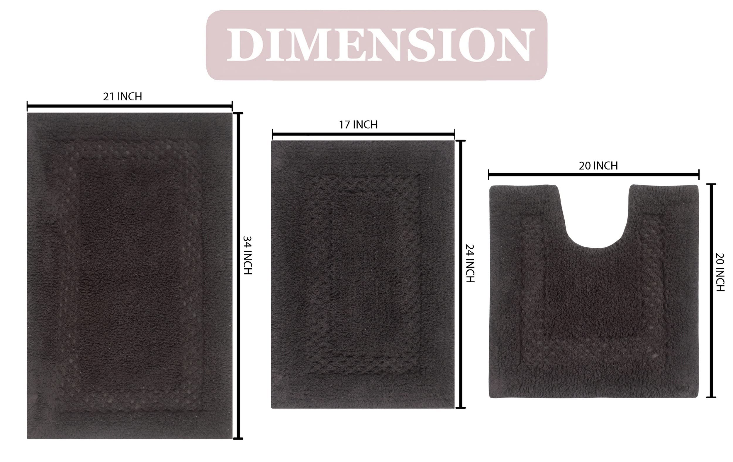 Premium 100% Cotton Bathroom Rug Set - Ultra Soft & Absorbent Non-Slip Bath Mat, Washable Contour Bathroom Floor Mats for Shower & Tub (3-Piece Set, Gray) - Perfect for Bathrooms, Kitchens & Laundry Rooms
