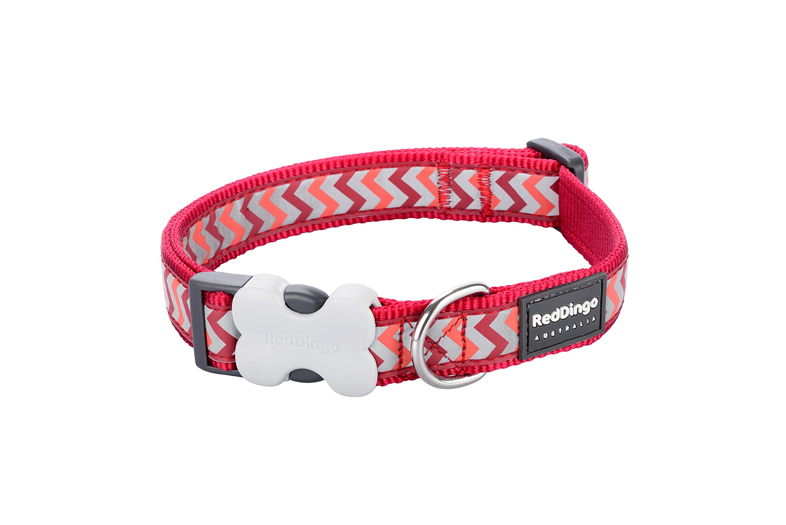 Red Dingo Reflective Ziggy Dog Collar - Medium-Large Size, Durable Nylon Pet Collar with High Visibility Reflective Strips for Night Safety - Perfect for Walking, Running & Outdoor Adventures with Your Dog