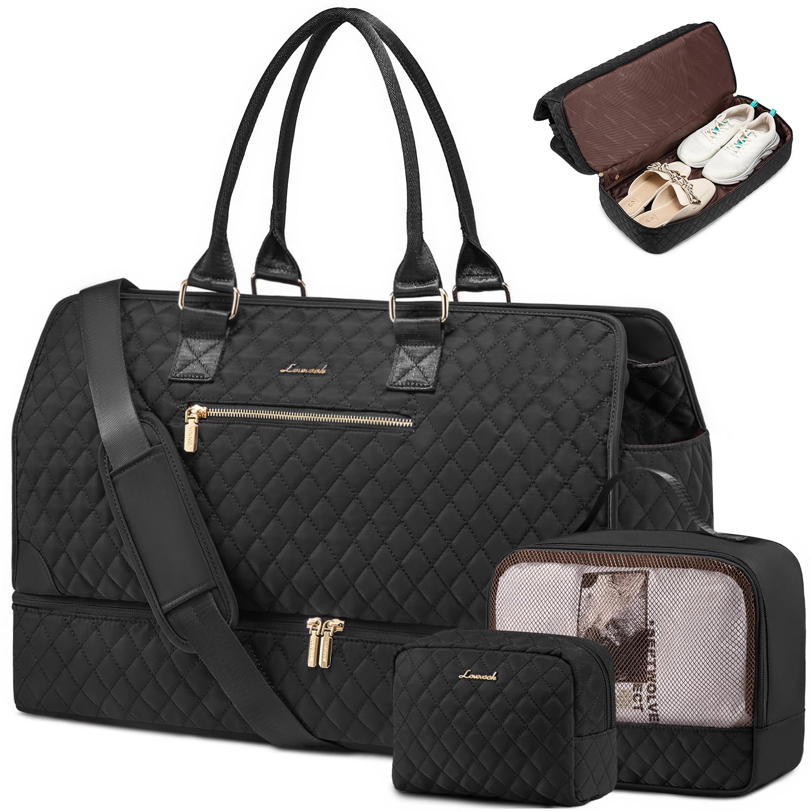 LOVEVOOK Women's Weekender Travel Bag - Large Carry On Duffle with Shoe Compartment & Toiletry Bag - Perfect for Overnight Trips, Hospital Labor Delivery, Gym Workout & Weekend Getaways (3-Piece Set)