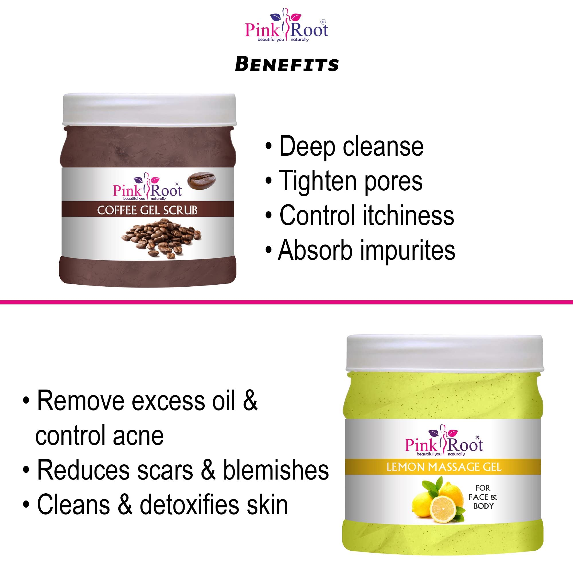 Pink Root Lemon Massage Gel & Coffee Scrub Set - 500ml Each for Relaxation & Exfoliation - Perfect for Spa Day, Body Care & Self-Care Routine