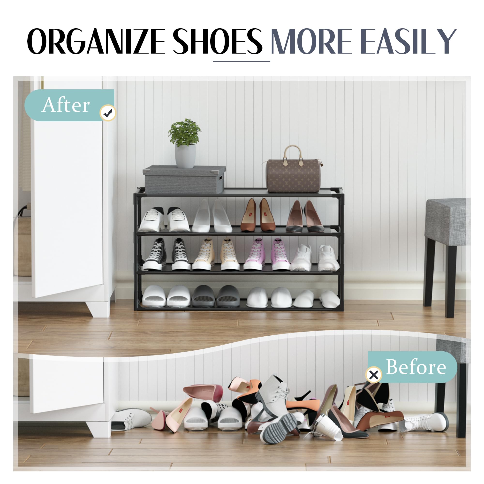 2-Pack 4-Tier Shoe Rack Organizer with Detachable Metal Frame & Non-Woven Fabric - Space Saving Shoe Storage Cabinet for Entryway, Hallway, Bathroom - Perfect for Small Spaces and Apartment Living
