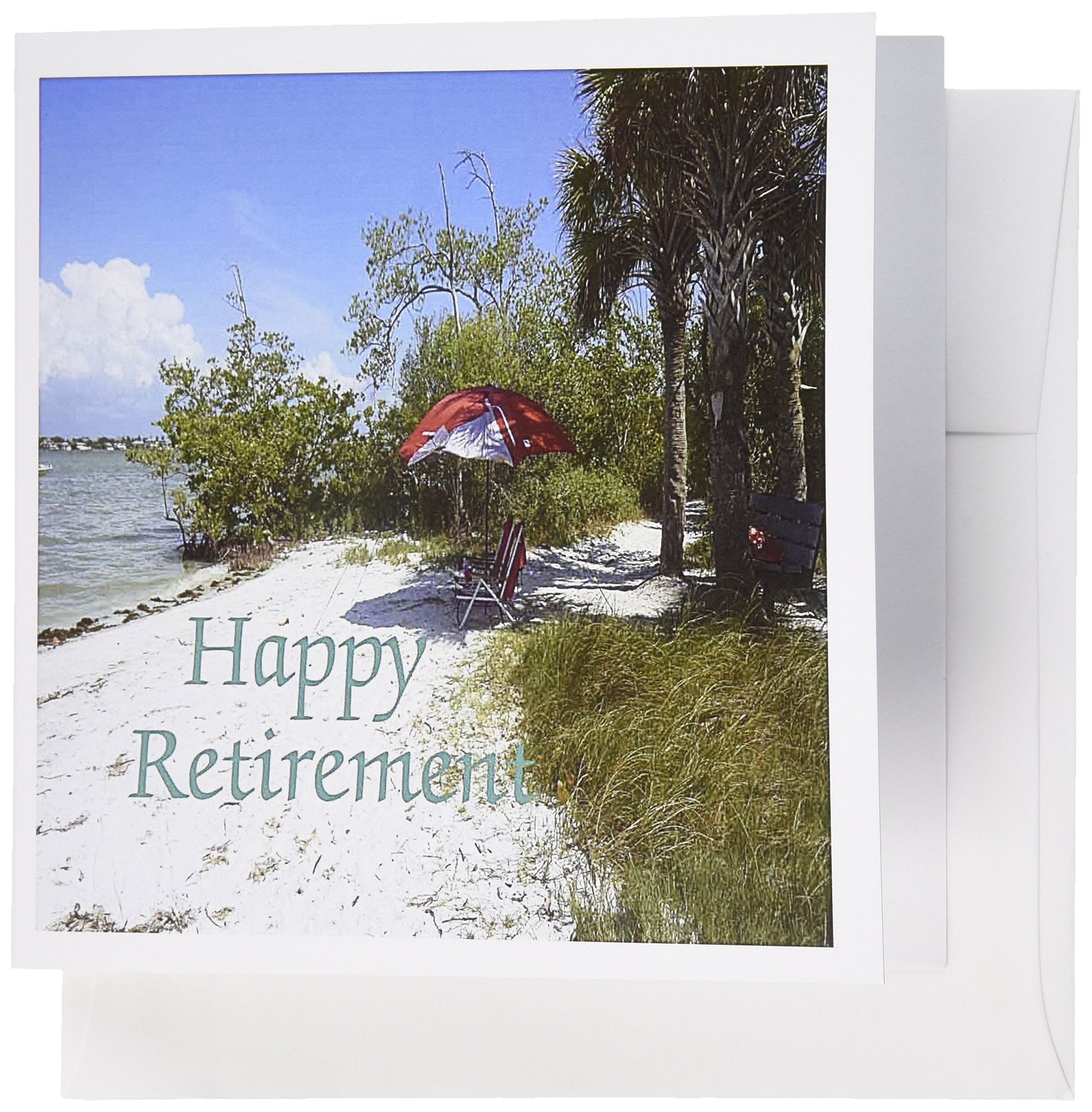3dRose Secluded Beach with Trees & Chairs - Happy Retirement Greeting Cards Set of 6 (6x6 Inches) - Perfect for Retirement Parties, Beach Theme Decor & Sentimental Gifts