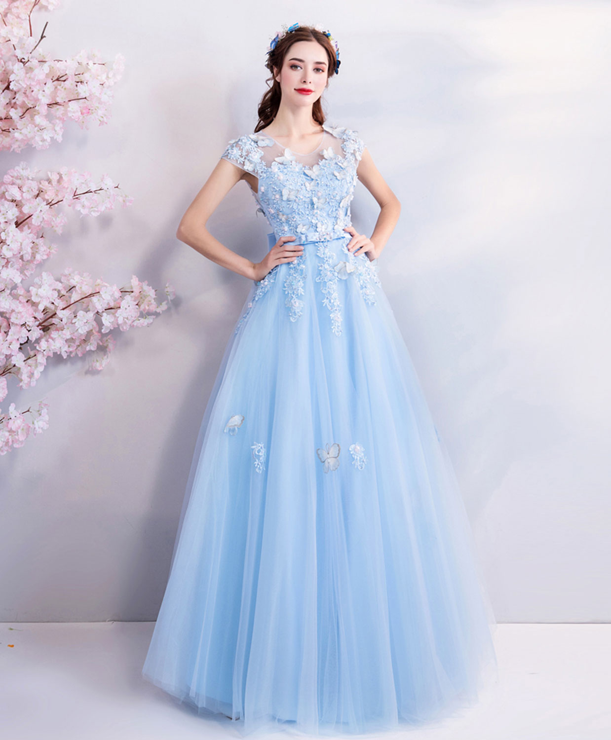 Sky Blue Lace Tulle Long Prom Dress for Women - Elegant Evening Gown for Formal Events, Homecoming, Wedding Guest & Special Occasions