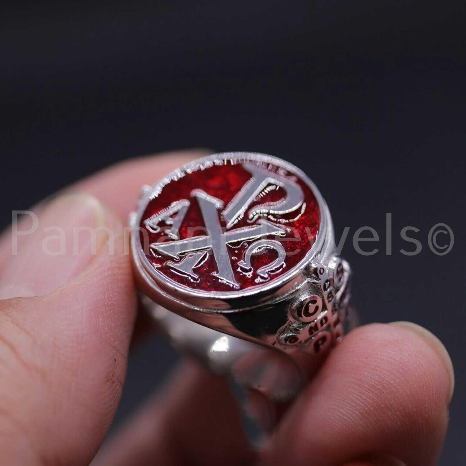 Alpha Omega Chi Rho 925 Sterling Silver Signet Ring for Men - Red Enamel Heavy Silver Ring, Religious Jewelry Gift for Boys, Christmas Present - Perfect for Weddings, Baptisms & Everyday Wear