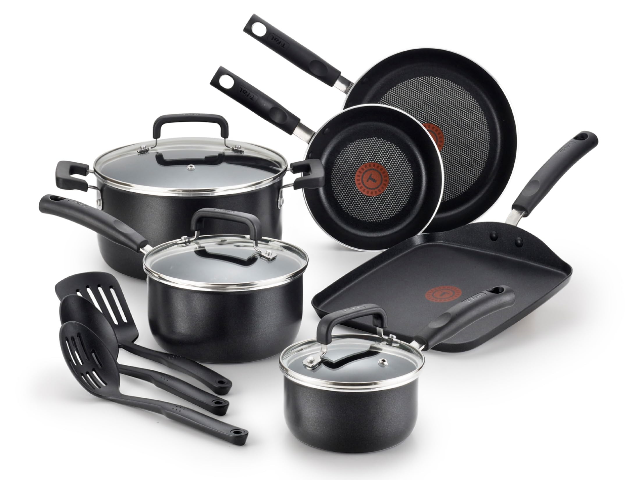 T-fal Signature 12-Piece Nonstick Cookware Set - Oven & Broiler Safe to 350°F - Includes Fry Pans, Saucepans, Saute Pan, Dutch Oven & Griddle - Dishwasher Safe Black Kitchen Essentials for Home Cooking, Baking & Meal Prep