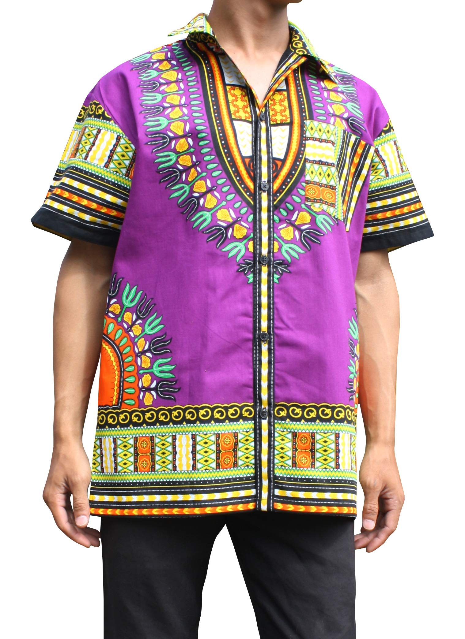 RaanPahMuang Men's African Dashiki Print Hawaiian Shirt - 100% Pure Cotton, Large Collar, Breathable & Comfortable for Beach Vacation, Summer Party, and Casual Wear