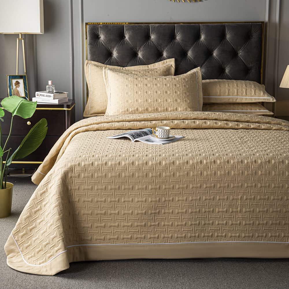 Luxury 3-Piece Queen/Full Size 100% Cotton Reversible Quilt Set - All Season Lightweight Bedspread with 2 Pillow Shams (Tan) | Perfect for Master Bedroom, Guest Room & Dorm Decor