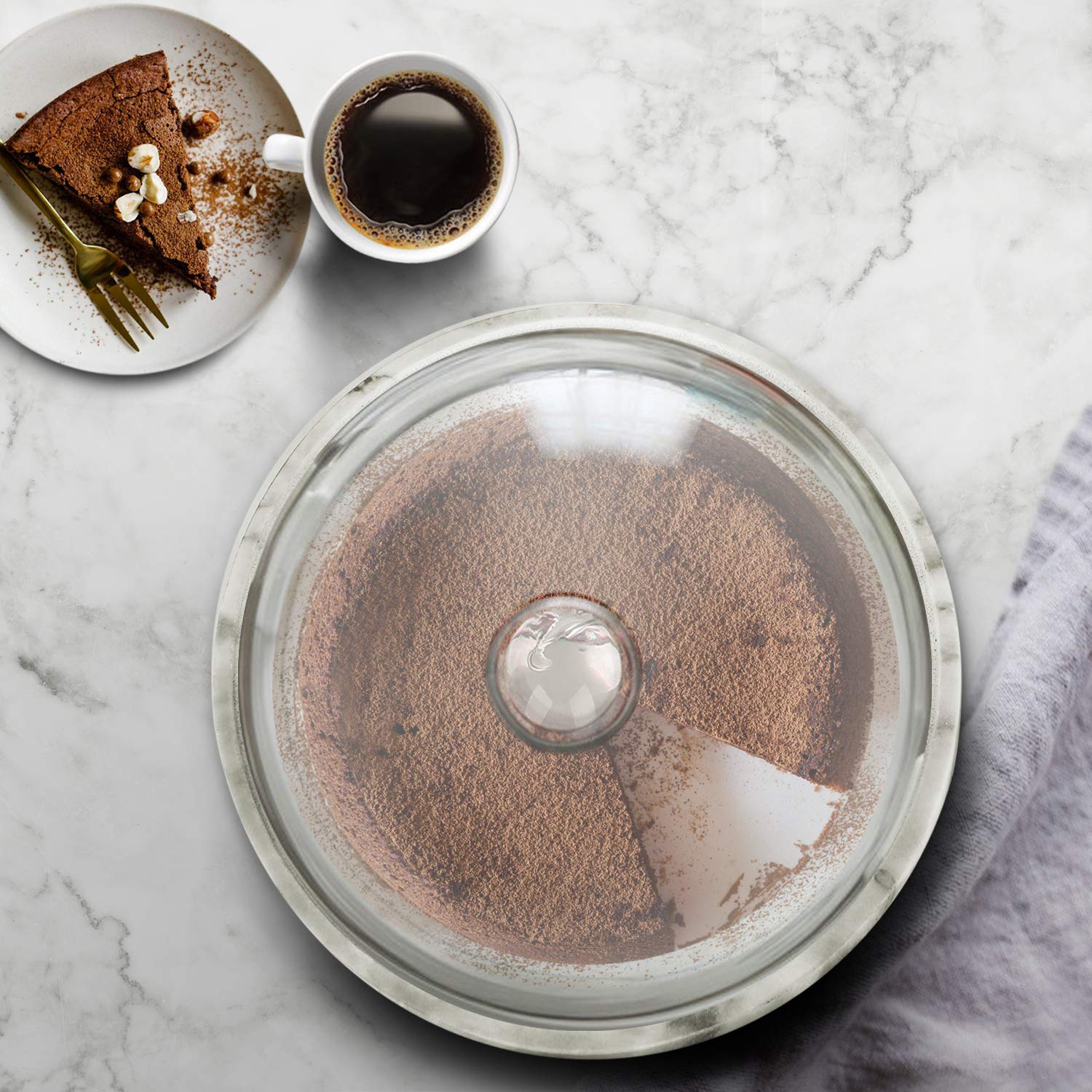 Flexzion 8.7 Inch Marble Cheese Holder & Cake Stand with Glass Lid - Elegant Cheese Dome, Cake Saver Serving Platter, Stone Cutting Board for Kitchen, Dining Room & Bakery Display - Perfect for Weddings, Parties & Dessert Presentation