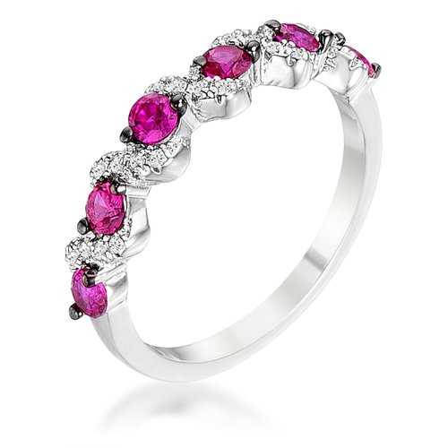18Ct Rhodium Plated Hematite S-Shaped Fuchsia & Clear CZ Half Eternity Band Ring for Women - Elegant Stackable Jewelry for Weddings, Anniversaries & Special Occasions