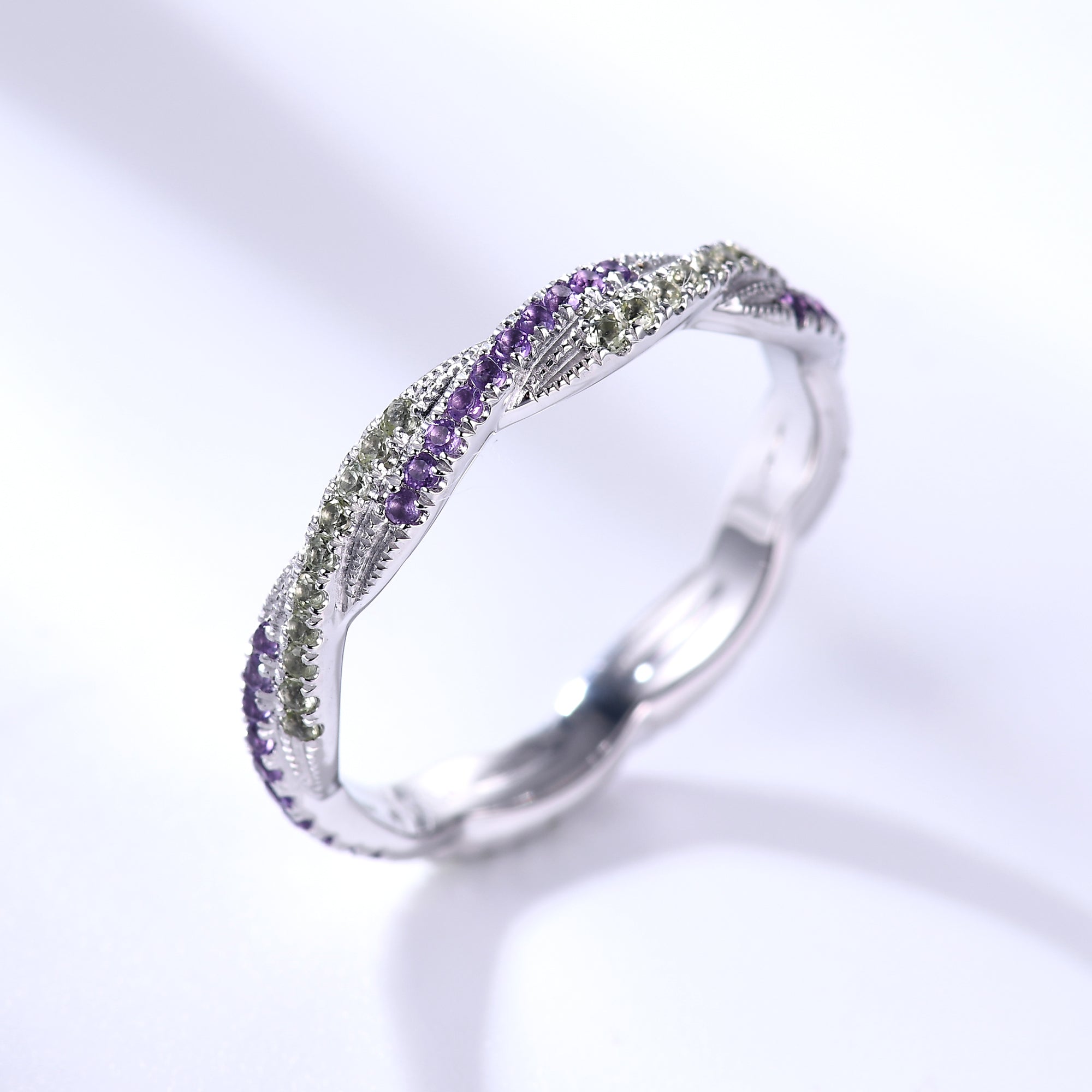 Natural Amethyst & Peridot Twisted Double Row Wedding Band - Crystal Full Eternity Ring for Women - Perfect for Engagement, Anniversary & Bridal Jewelry Gifts