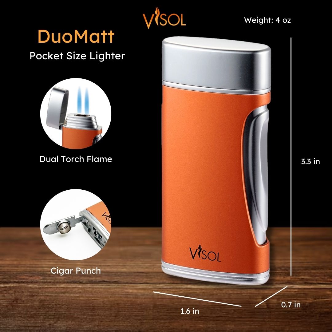 Visol DuoMatt Burnt Orange Double Flame Cigar Lighter - Windproof Jet Torch for Cigars, Cigarettes & Outdoor Use - Perfect for Smoking, Camping & BBQ Accessories