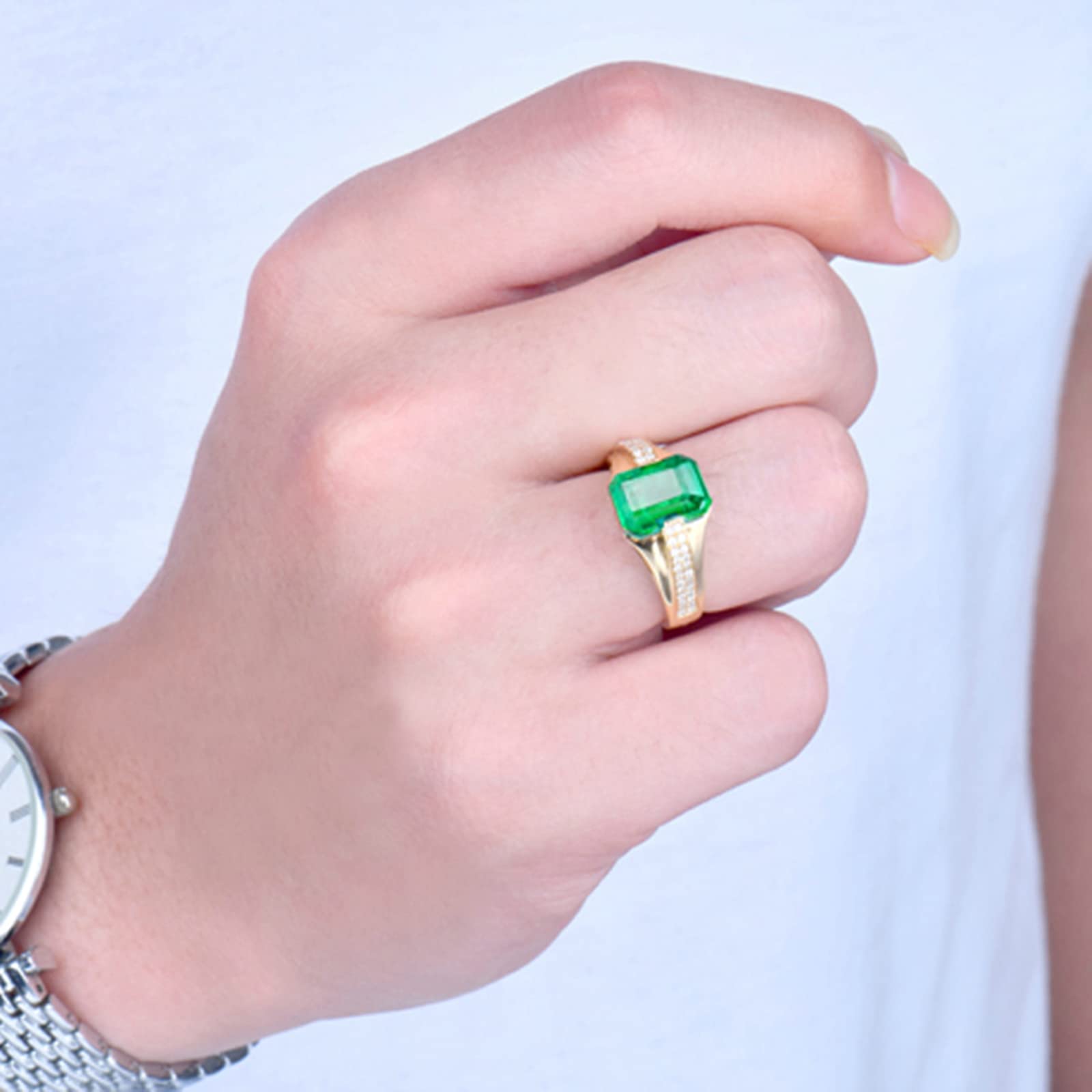 18K Yellow Gold Vintage Wedding Bands for Men with Created Emerald & Moissanite/Zirconia - Unique 925 Sterling Silver Rings - Perfect for Engagement, Anniversary & Special Occasion Gifts