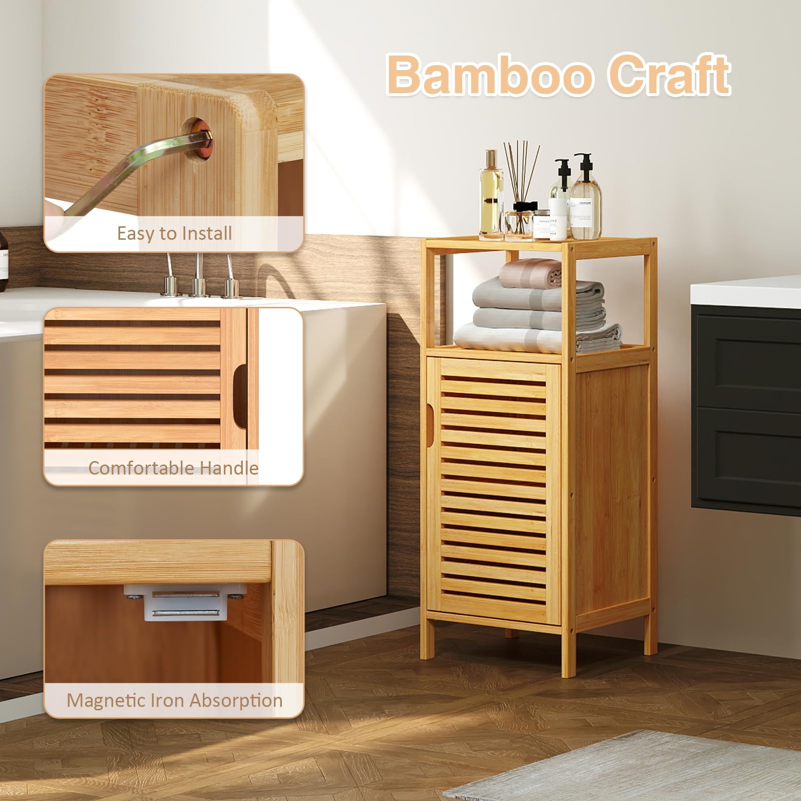 Kinborbaby Small Bathroom Storage Cabinet - Bamboo Bathroom Organizer with 3 Shelves, Narrow Floor Cabinet for Towels & Toiletries, Space-Saving Bathroom Furniture for Apartments & Small Spaces