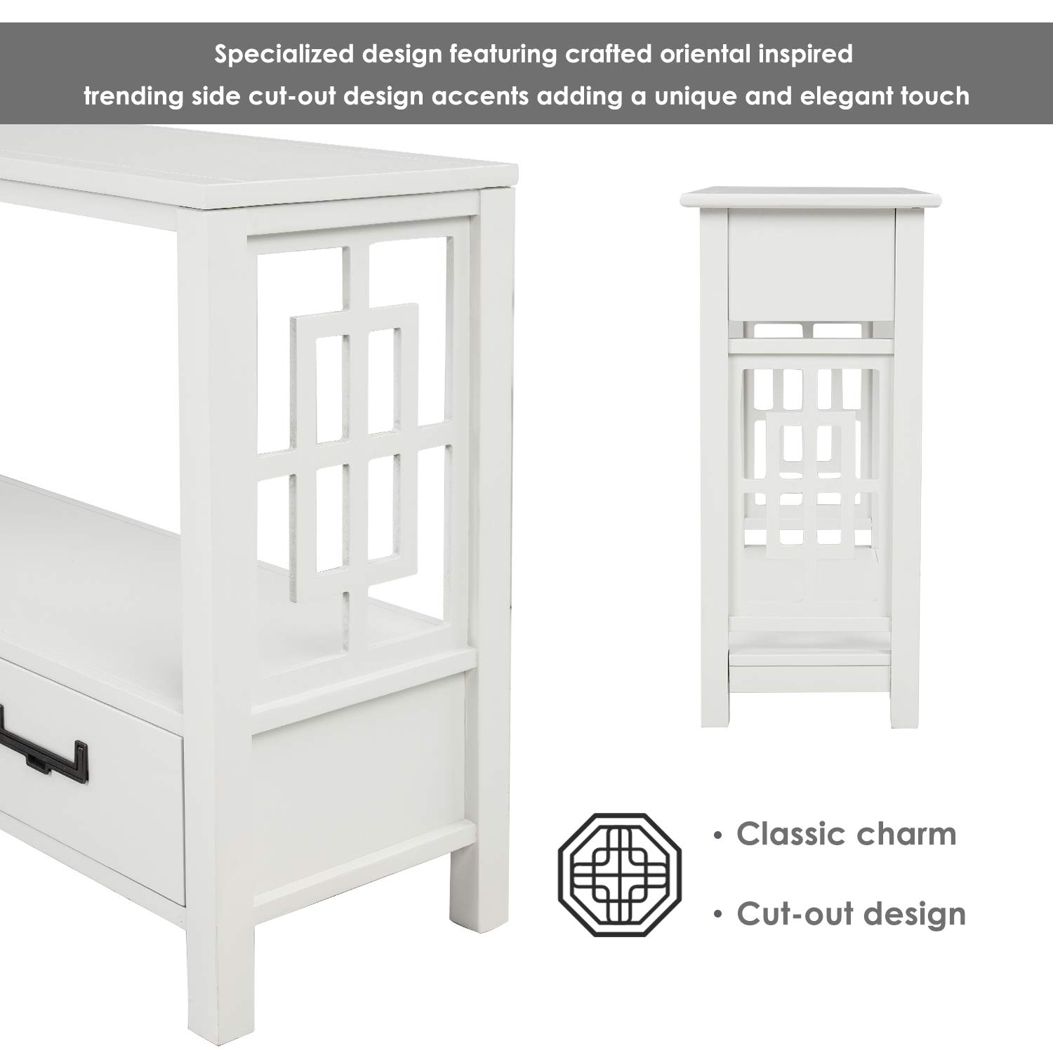 Rustic Pine Wood Console Table with 2 Drawers & Storage Shelf - Farmhouse Narrow Sofa Table for Entryway, Living Room, Bedroom or Hallway - Perfect for Small Space Organization & Home Decor (White Finish)