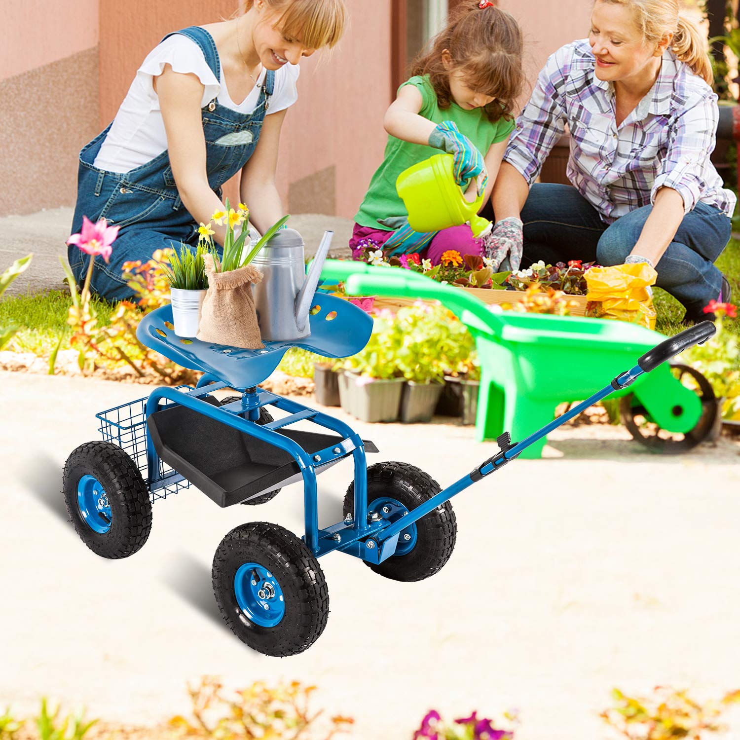 Heavy Duty Garden Cart with Extendable Handle - Rolling Scooter for Gardening, Planting & Yard Work - Perfect for Soil Transport, Mulch Hauling & Outdoor Projects