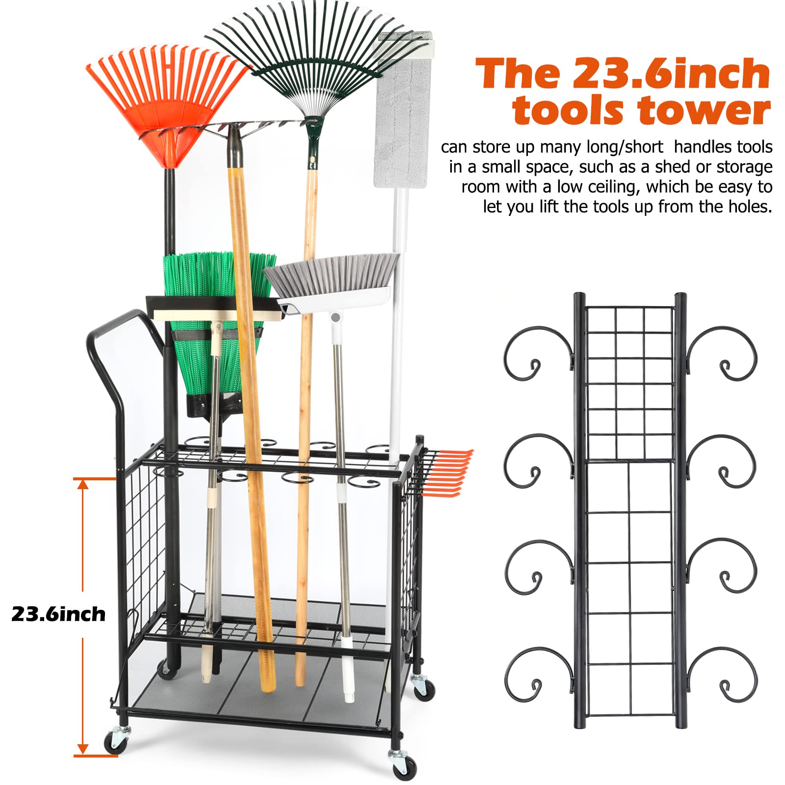 Steel Garden Tool Organizer with Wheels - Heavy Duty Rolling Tool Tower for Garage, Shed & Yard Storage - Black Long Handle Tool Organizer for Easy Access & Mobility | Perfect for Gardening, Landscaping & Home Organization