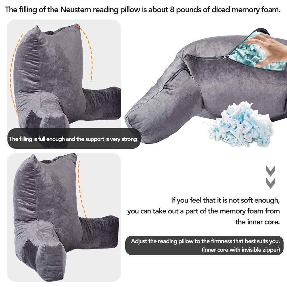 Neustern Reading Pillow for Adults - Shredded Memory Foam Backrest with Arms & Pockets - Washable Cover for Bed, Chair, or Floor - Perfect for Reading, Watching TV, Gaming & Relaxing at Home