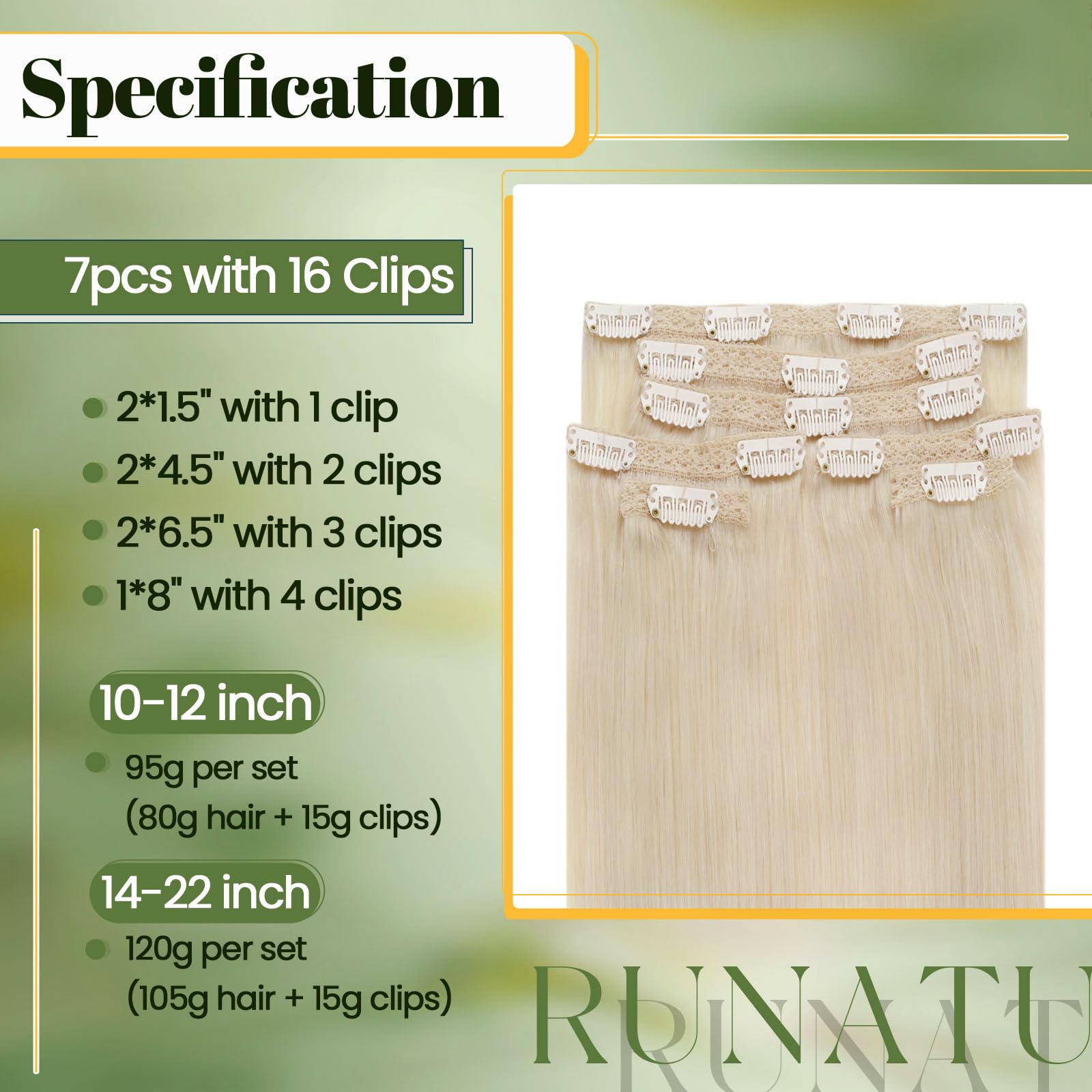 RUNATURE Clip in Hair Extensions 18 Inch - 7pcs 120g Real Human Remy Hair, Platinum Blonde, Double Weft Thick Hair Extensions for Women (Can Be Dyed) - Perfect for Parties, Weddings & Daily Styling