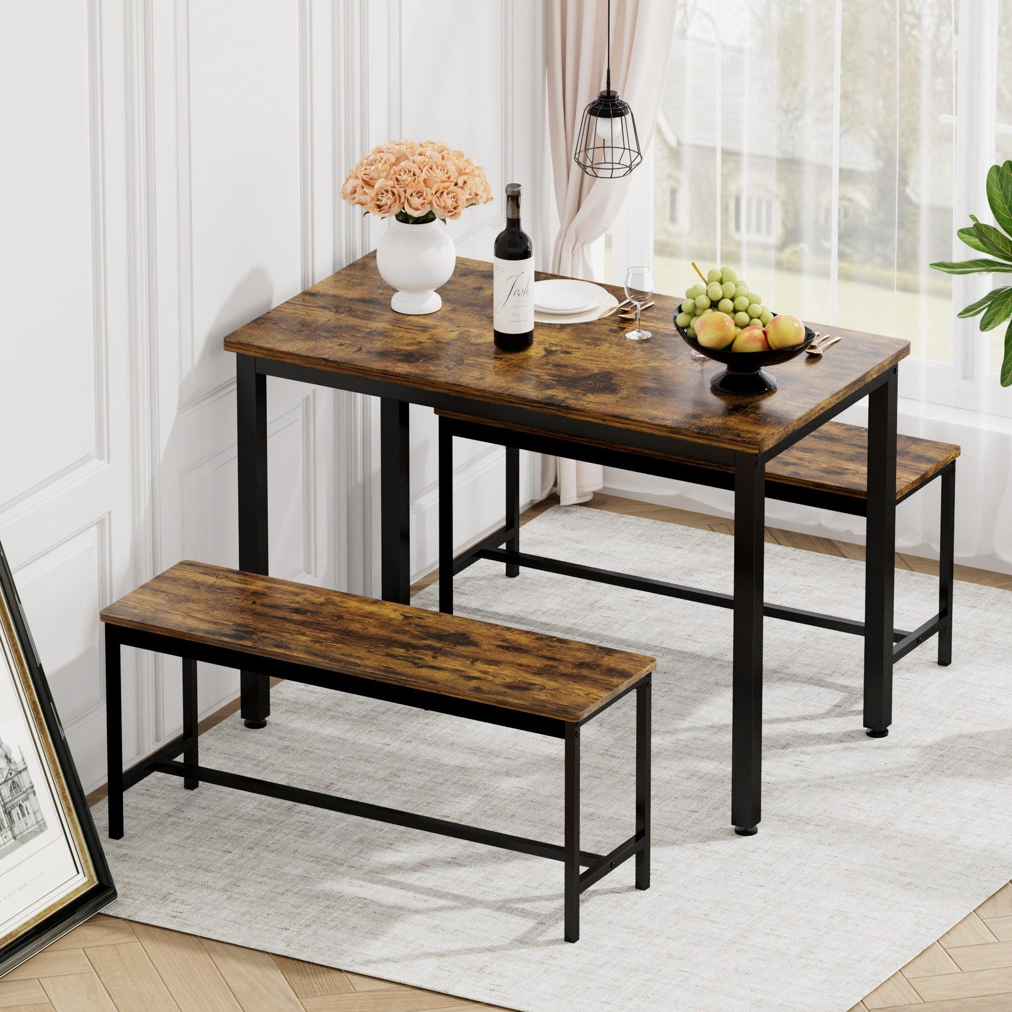 Industrial Dining Table Set with 2 Benches - 43.3