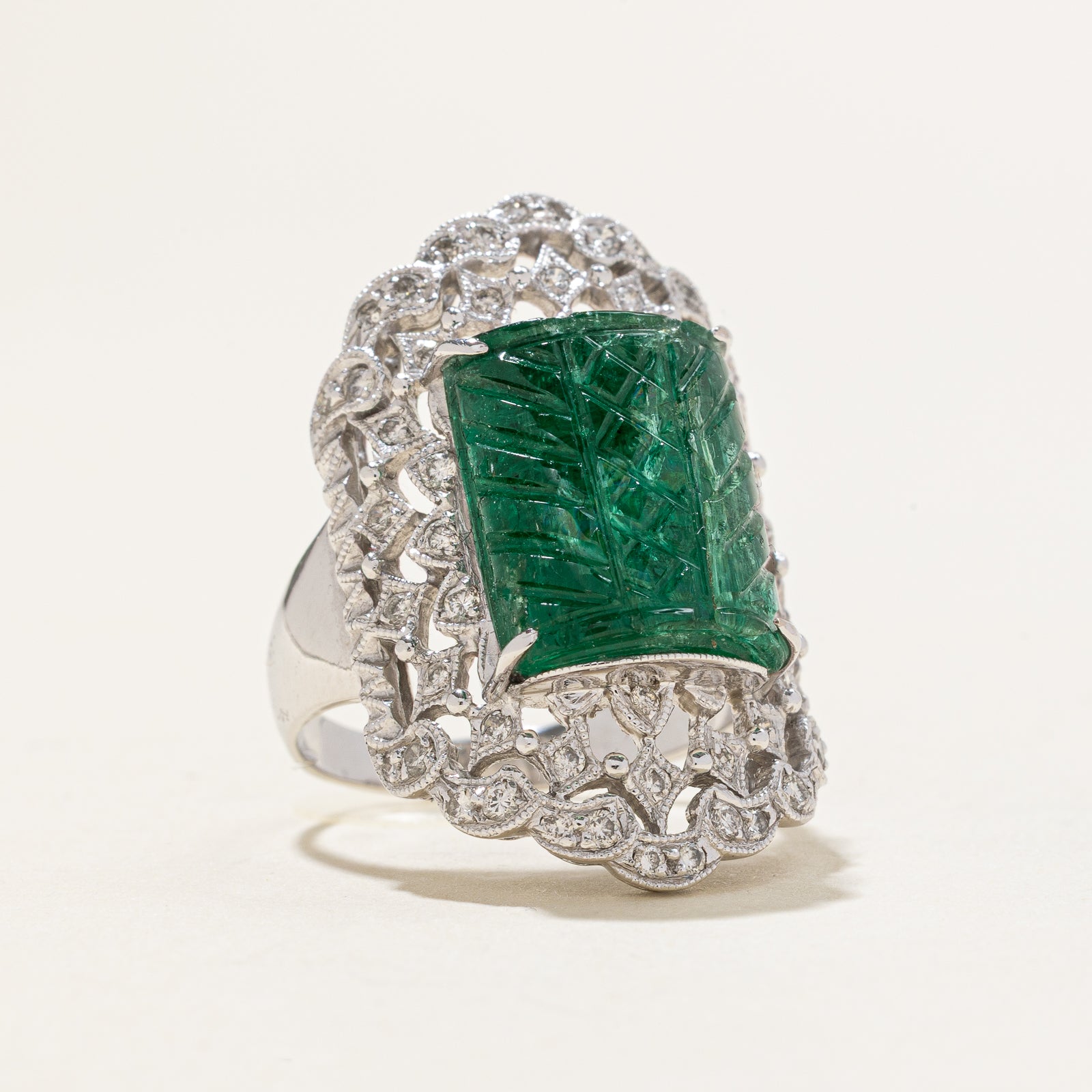 3.75ct Carved Emerald & 0.65ct Diamond Cocktail Ring - Size 7.25 | Vintage Inspired Jewelry for Women | Perfect for Evening Parties, Weddings & Special Occasions
