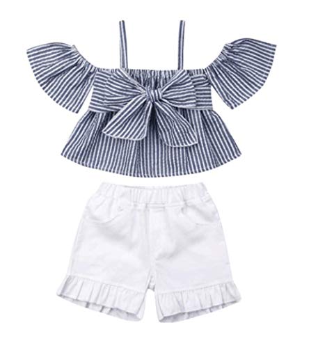 Toddler Baby Girl Summer Outfit Set - Striped Halter Off-Shoulder Top + Denim Shorts | Cute Playtime & Beach Wear for Little Girls